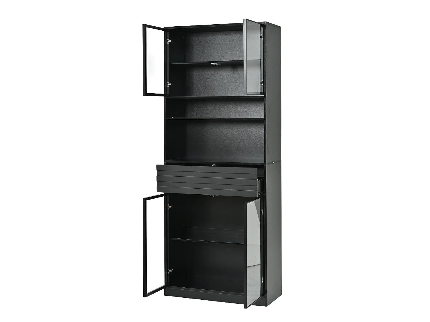 Set of 2 display cabinets with 8 glass doors, 2 drawers and LEDs - MDF - 160 x 35 x 200 cm - Black