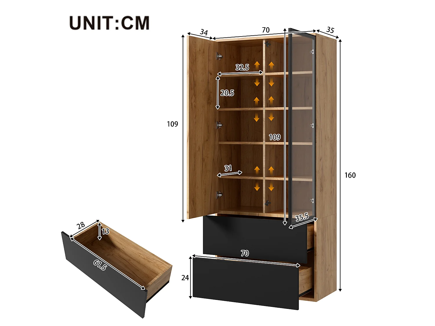 Display cabinet with LED lighting, 2 doors, 2 drawers and adjustable shelves - Particleboard and glass - 70 x 35 x 160 cm - Black and natural