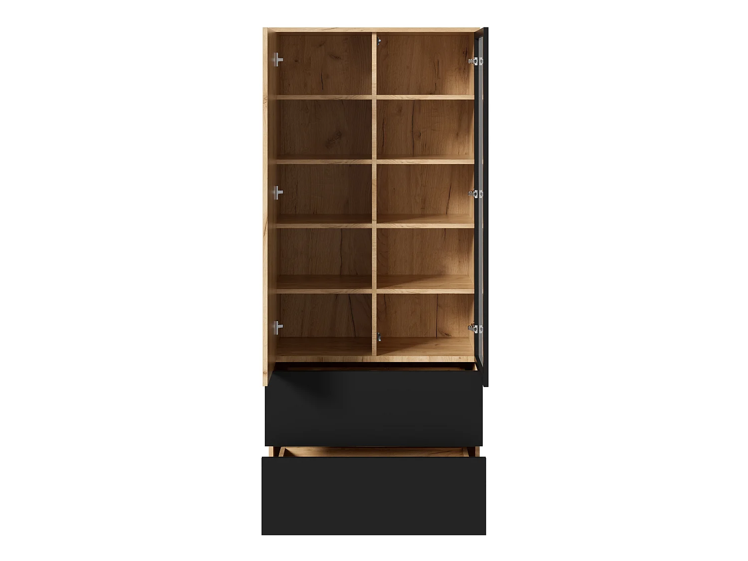 Display cabinet with LED lighting, 2 doors, 2 drawers and adjustable shelves - Particleboard and glass - 70 x 35 x 160 cm - Black and natural