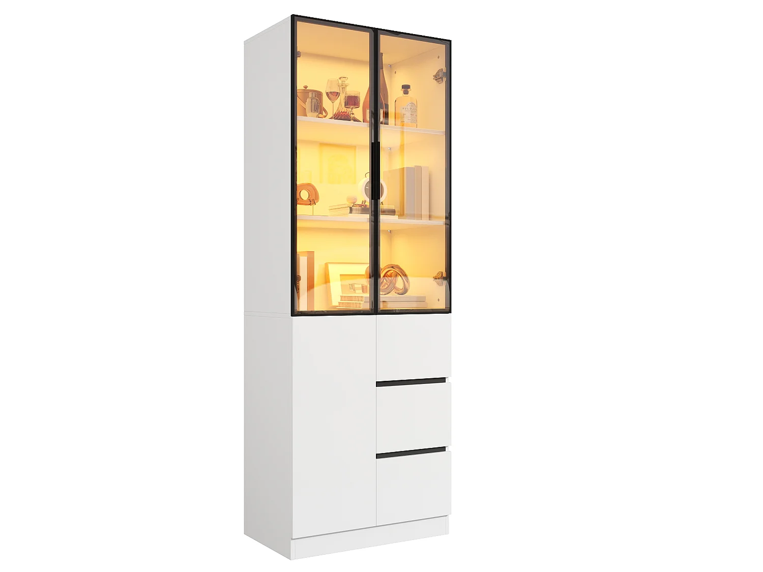 Tall display cabinet with 3 doors (2 glass), 3 drawers and LED lighting - Particleboard - 60 x 40 x 180 cm - White