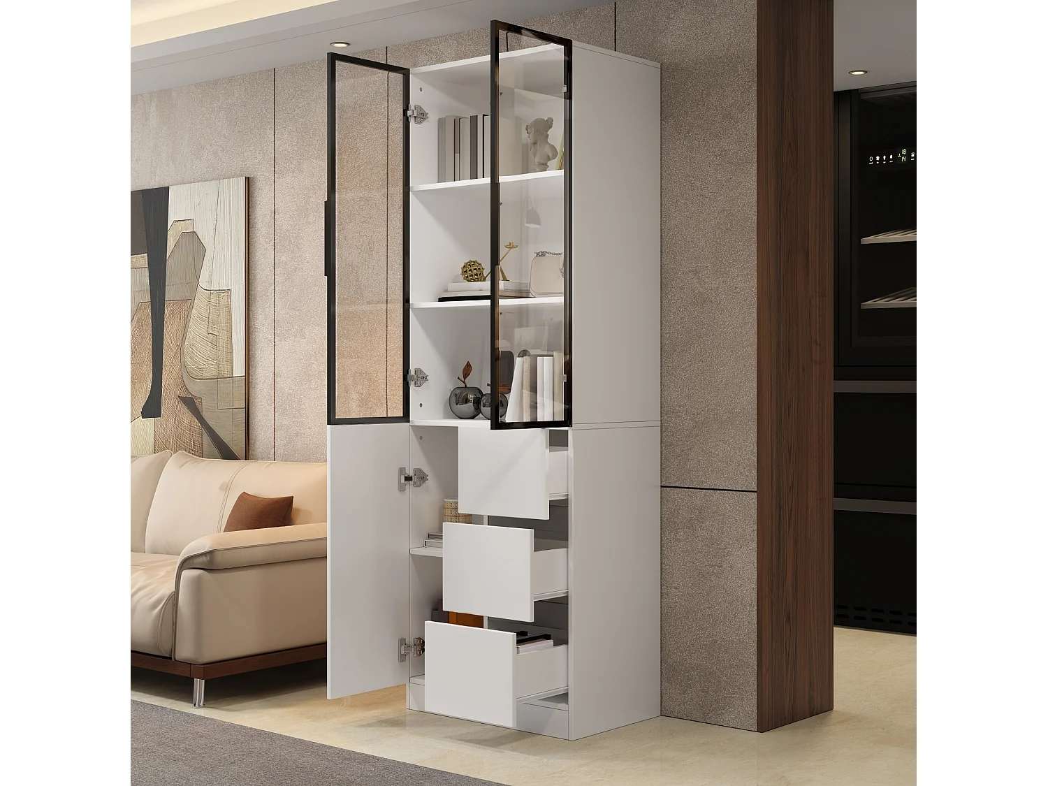 Tall display cabinet with 3 doors (2 glass), 3 drawers and LED lighting - Particleboard - 60 x 40 x 180 cm - White