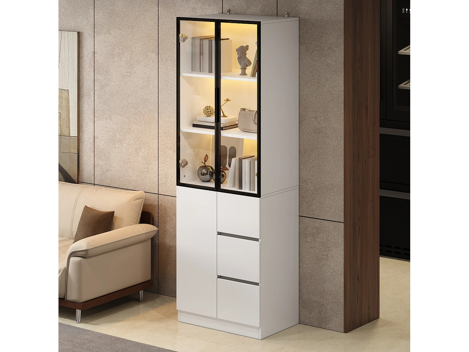 Tall display cabinet with 3 doors (2 glass), 3 drawers and LED lighting - Particleboard - 60 x 40 x 180 cm - White