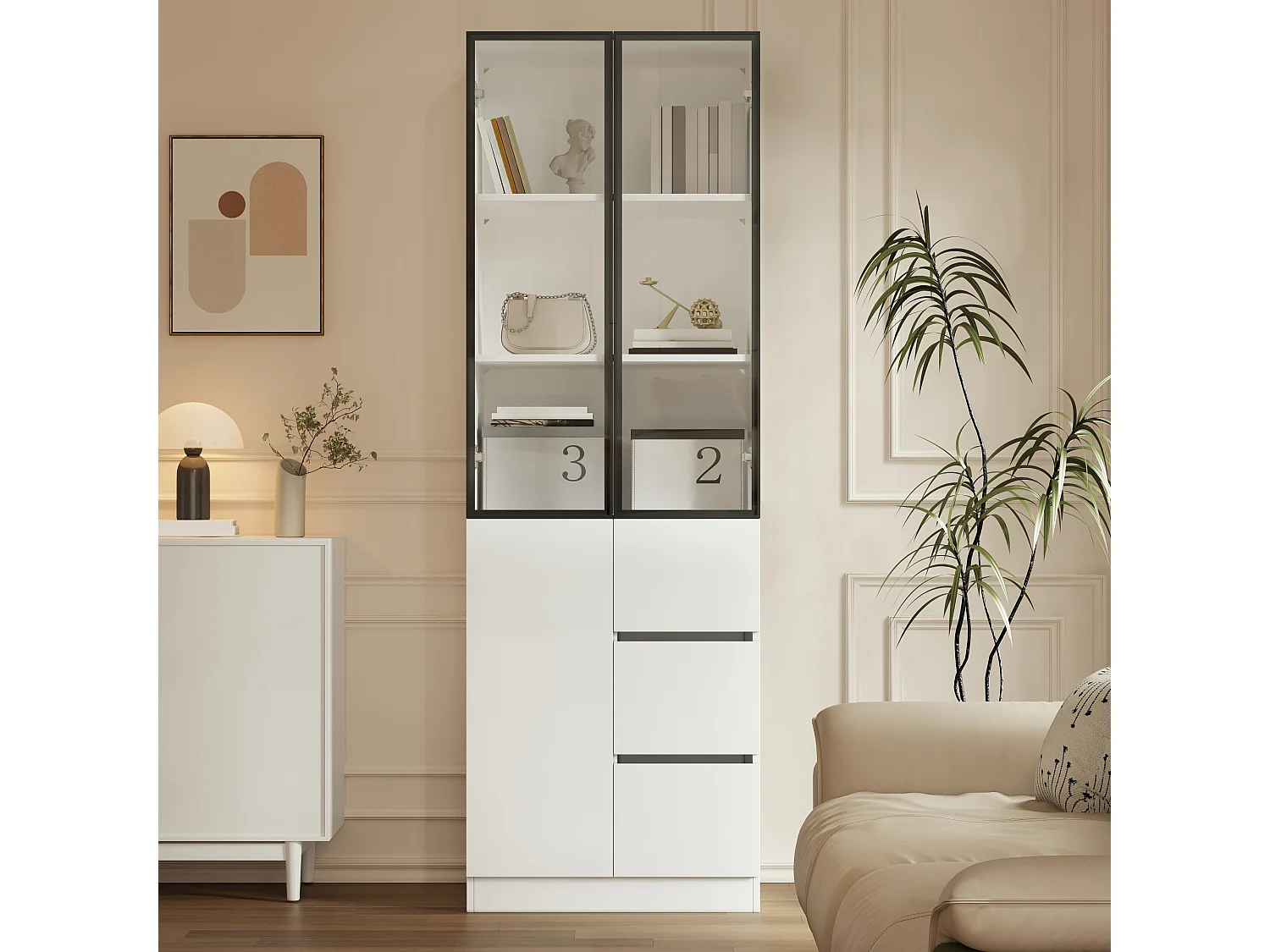 Tall display cabinet with 3 doors (2 glass), 3 drawers and LED lighting - Particleboard - 60 x 40 x 180 cm - White