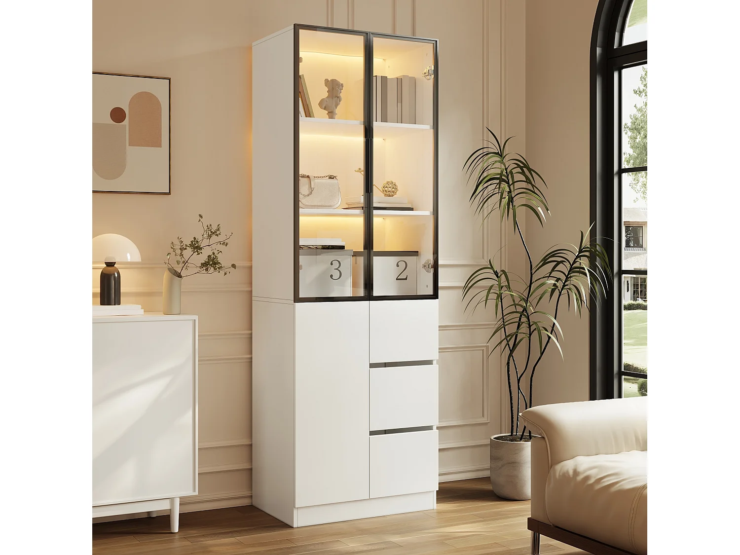 Tall display cabinet with 3 doors (2 glass), 3 drawers and LED lighting - Particleboard - 60 x 40 x 180 cm - White
