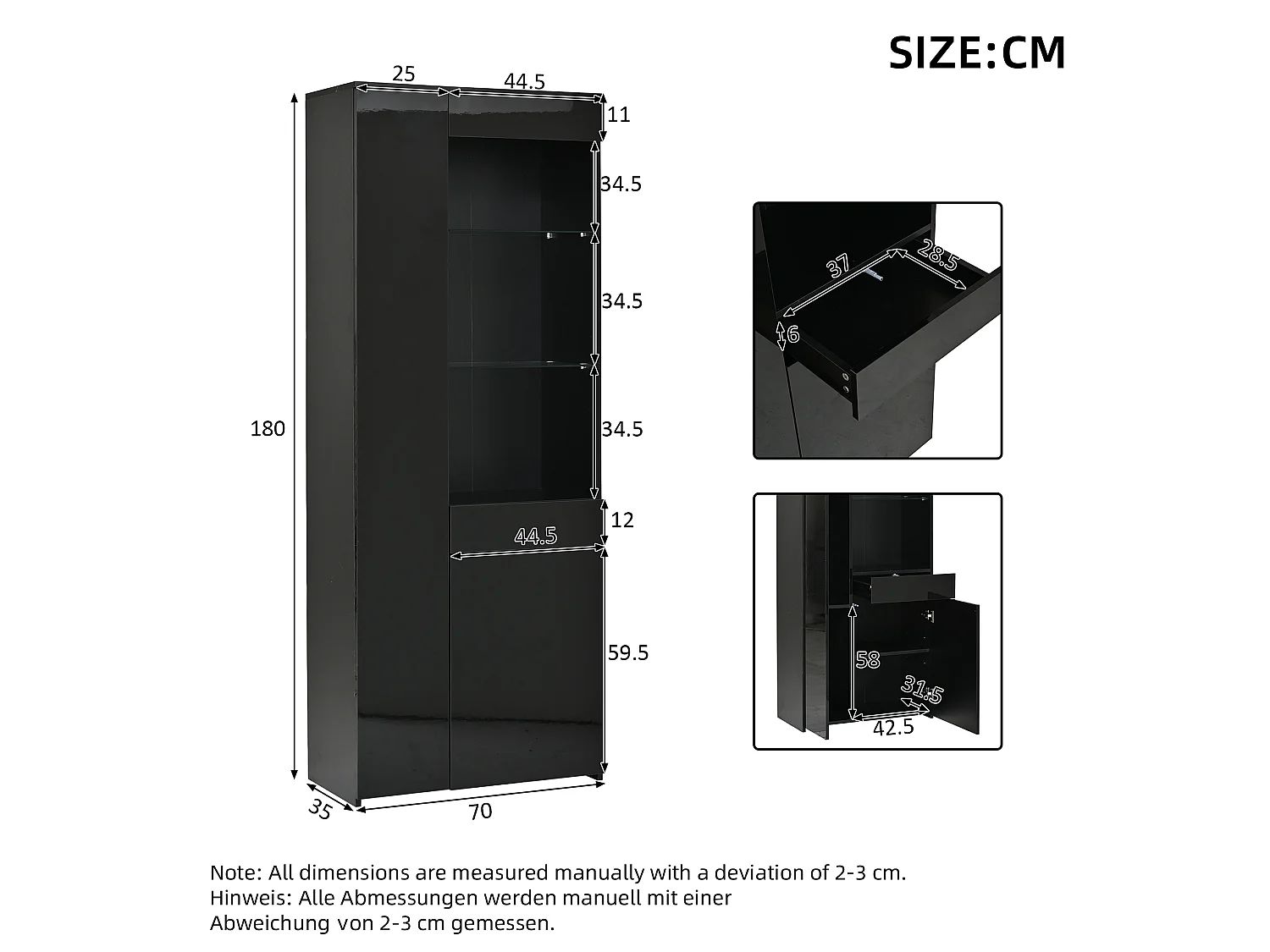 Display cabinet with 2 doors, 1 drawer, glass shelves and LED lighting - Particleboard - 70 x 35 x 180 cm - Black