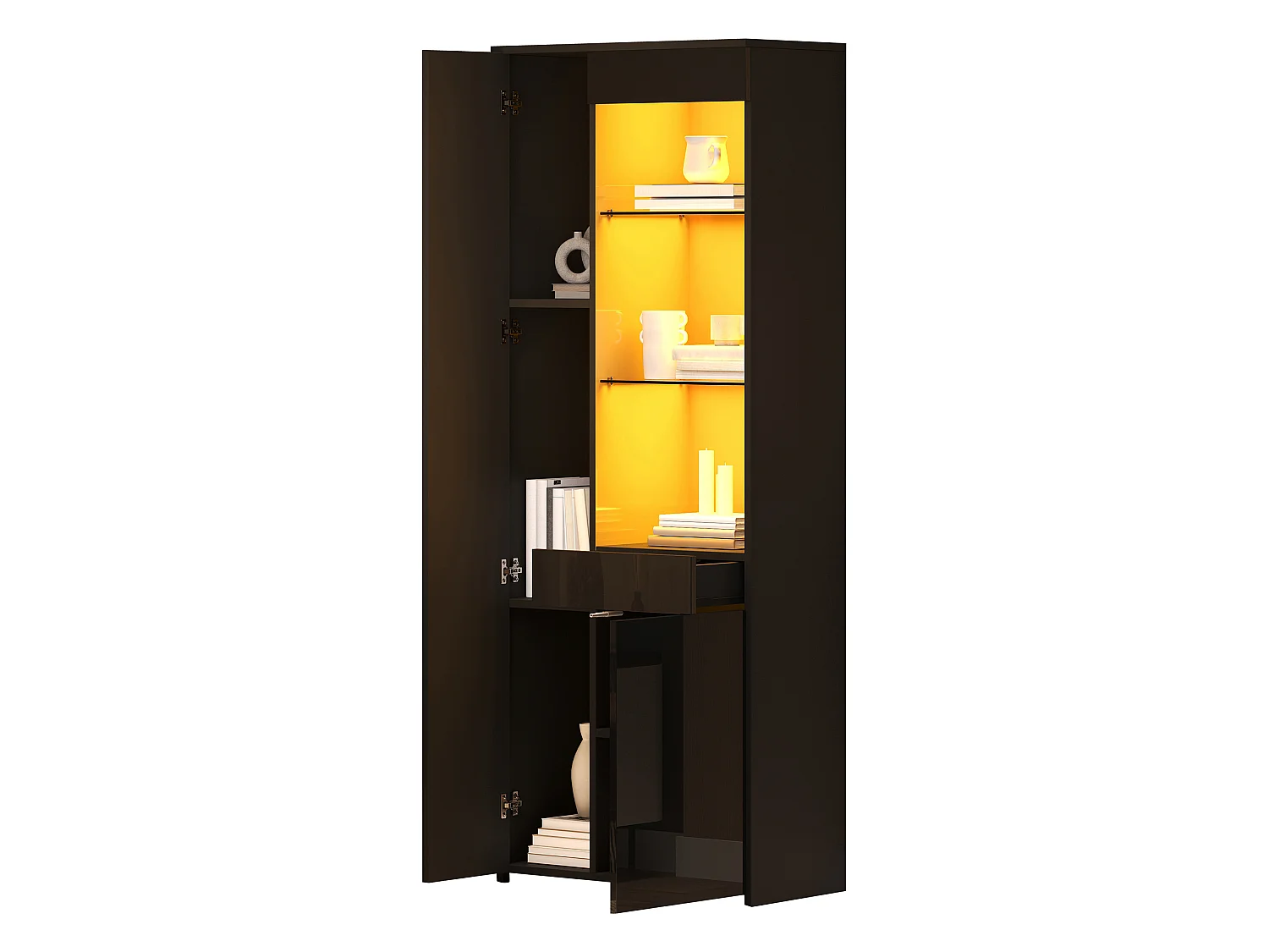 Display cabinet with 2 doors, 1 drawer, glass shelves and LED lighting - Particleboard - 70 x 35 x 180 cm - Black