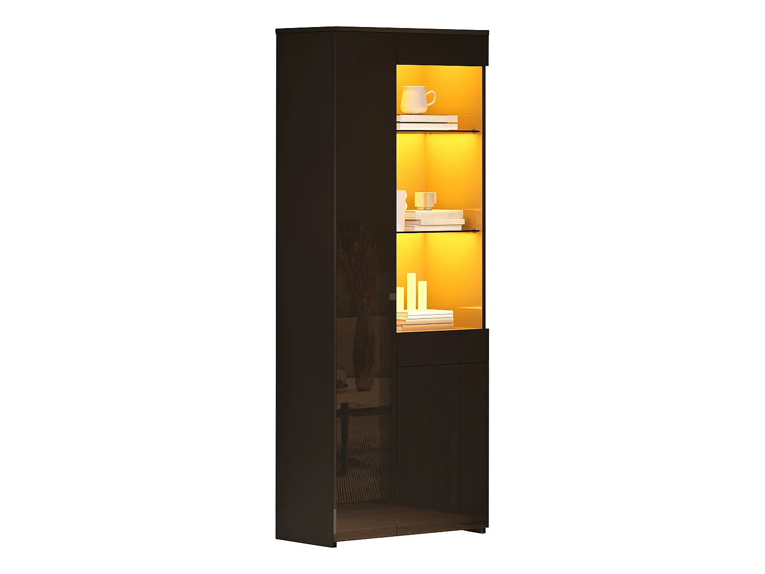 Display cabinet with 2 doors, 1 drawer, glass shelves and LED lighting - Particleboard - 70 x 35 x 180 cm - Black