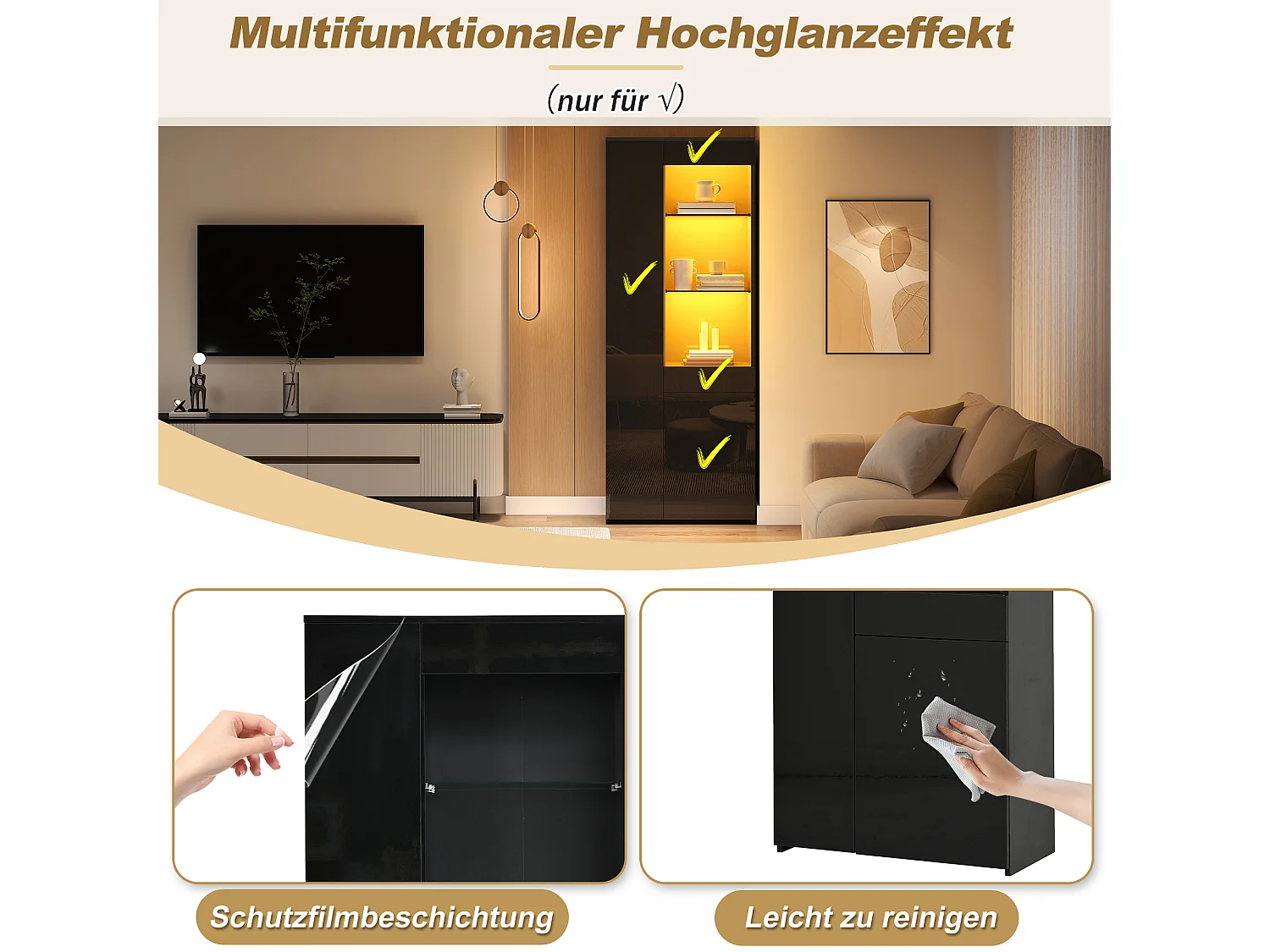 Display cabinet with 2 doors, 1 drawer, glass shelves and LED lighting - Particleboard - 70 x 35 x 180 cm - Black