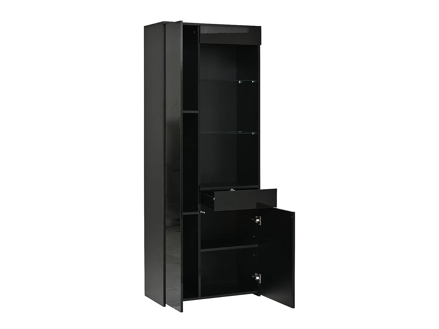 Display cabinet with 2 doors, 1 drawer, glass shelves and LED lighting - Particleboard - 70 x 35 x 180 cm - Black