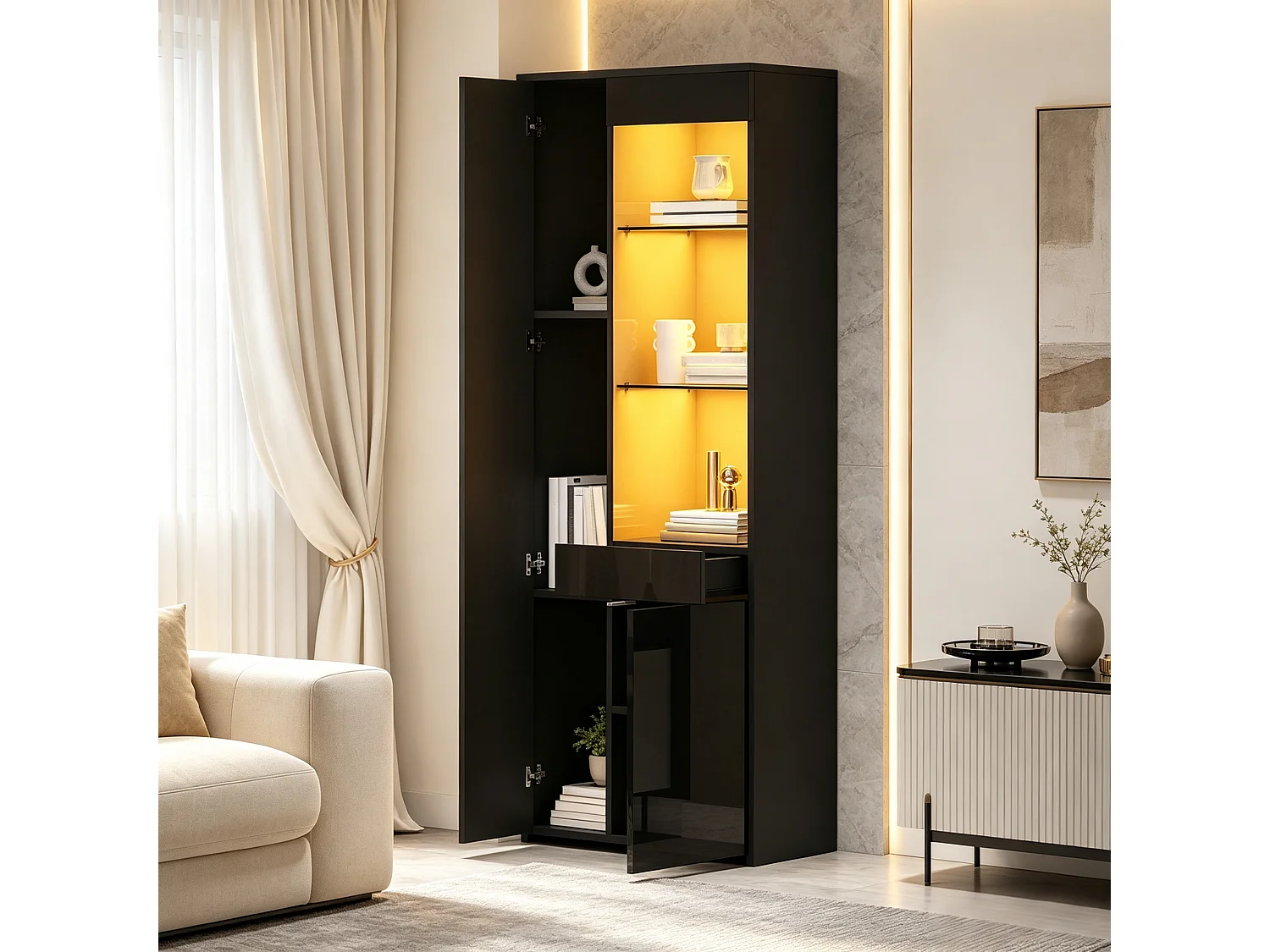 Display cabinet with 2 doors, 1 drawer, glass shelves and LED lighting - Particleboard - 70 x 35 x 180 cm - Black