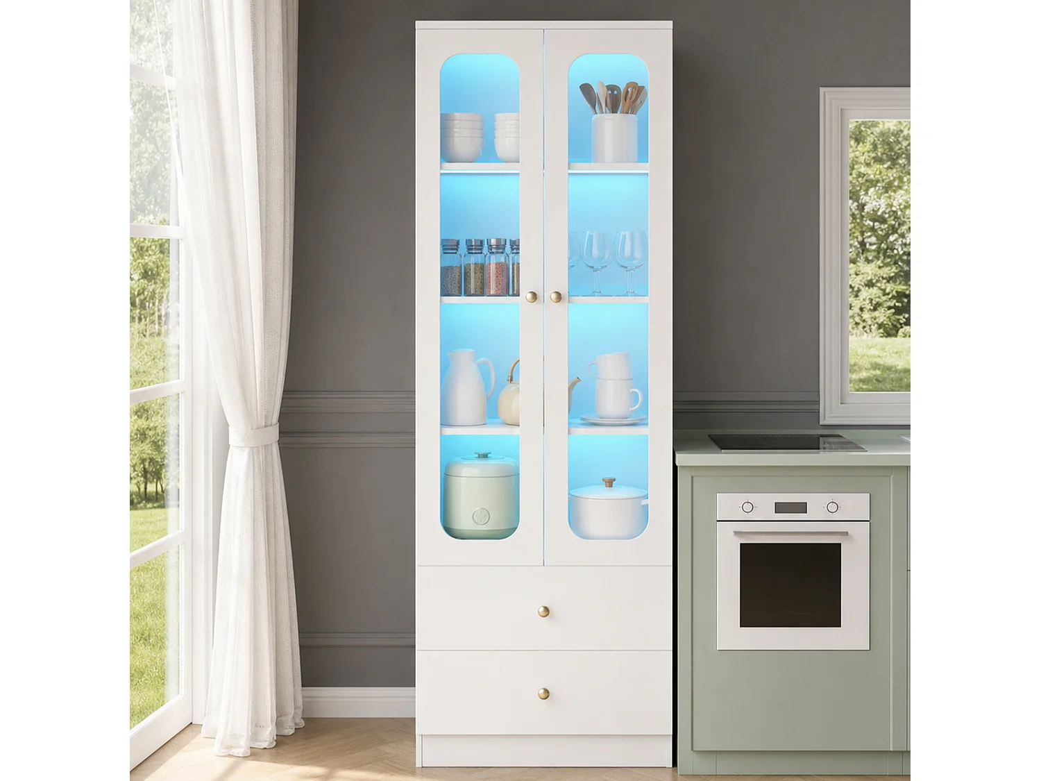 Display cabinet with RGB LED lighting, 4 shelves, 2 doors and 2 drawers, app control - MDF and glass - 60 x 35 x 170 cm - White