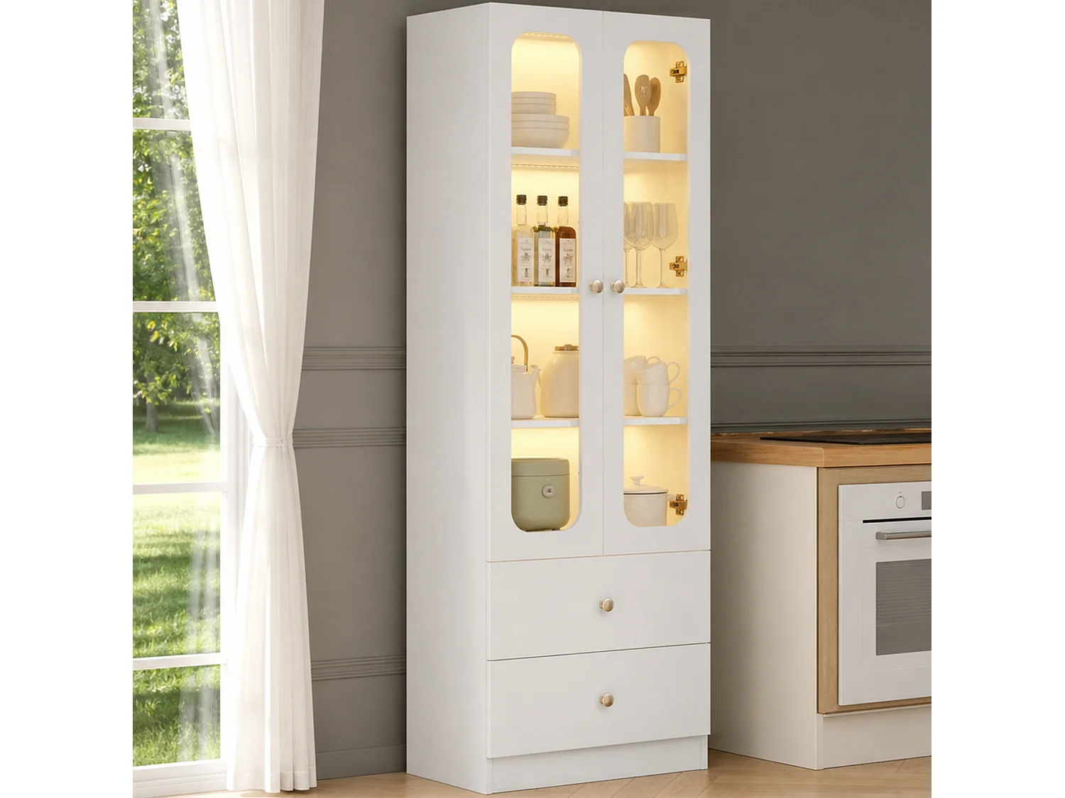 Display cabinet with RGB LED lighting, 4 shelves, 2 doors and 2 drawers, app control - MDF and glass - 60 x 35 x 170 cm - White