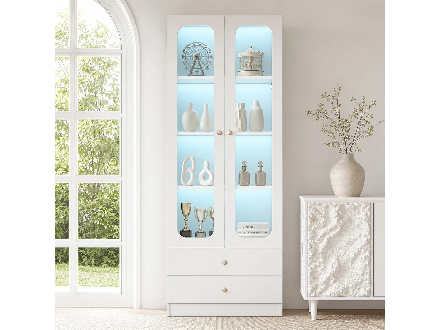 Display cabinet with RGB LED lighting, 4 shelves, 2 doors and 2 drawers, app control - MDF and glass - 60 x 35 x 170 cm - White
