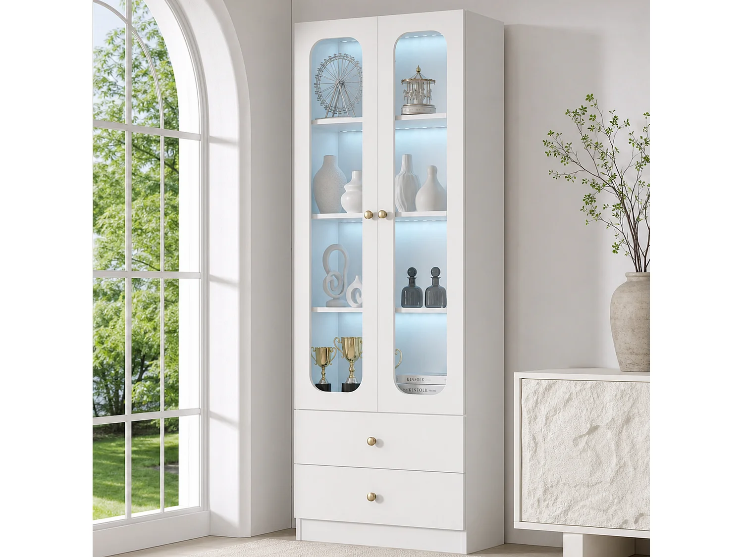Display cabinet with RGB LED lighting, 4 shelves, 2 doors and 2 drawers, app control - MDF and glass - 60 x 35 x 170 cm - White