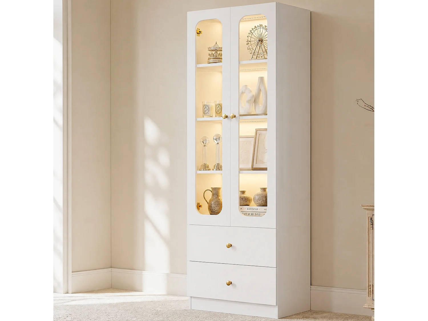 Display cabinet with RGB LED lighting, 4 shelves, 2 doors and 2 drawers, app control - MDF and glass - 60 x 35 x 170 cm - White