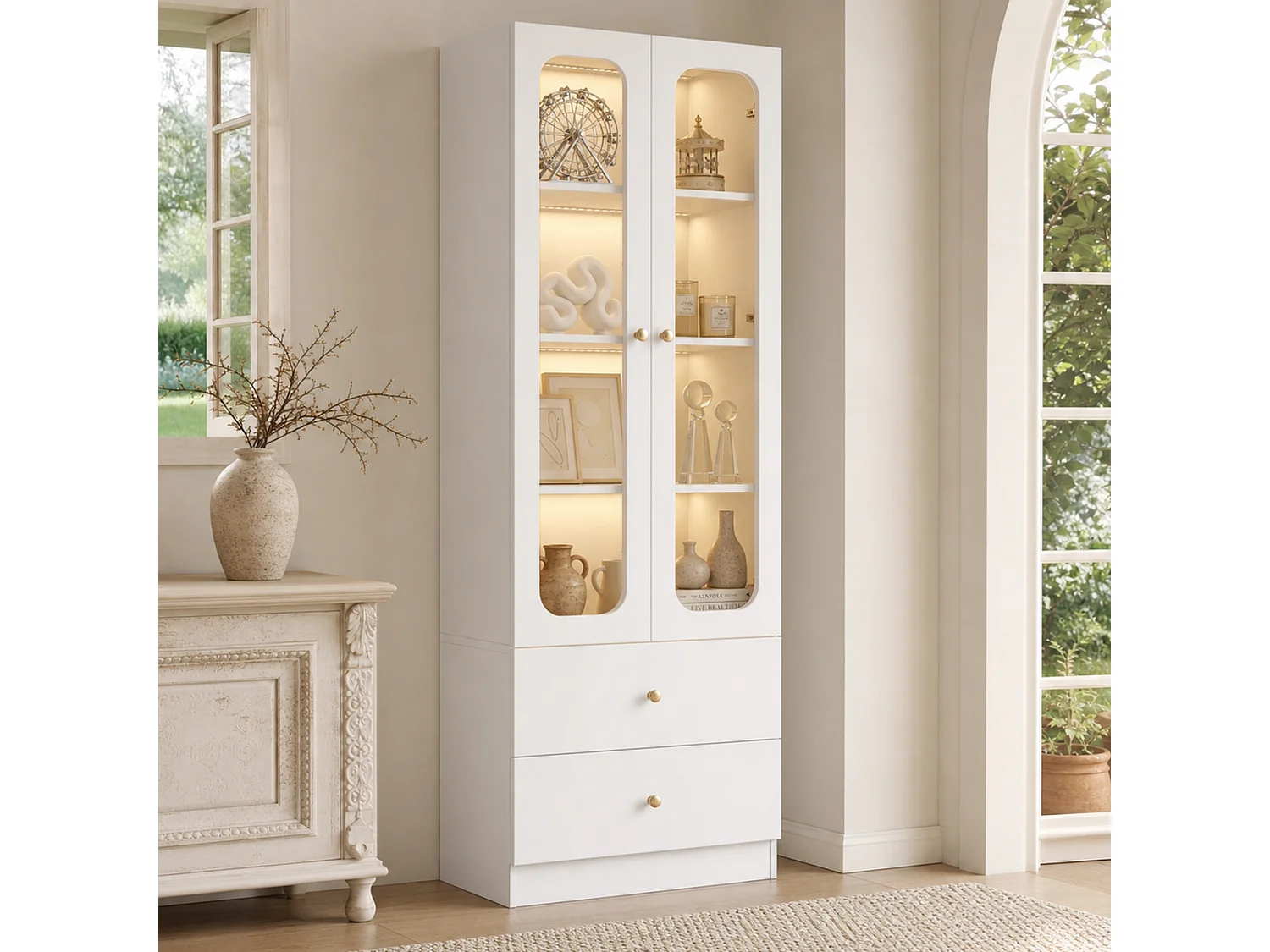 Display cabinet with RGB LED lighting, 4 shelves, 2 doors and 2 drawers, app control - MDF and glass - 60 x 35 x 170 cm - White