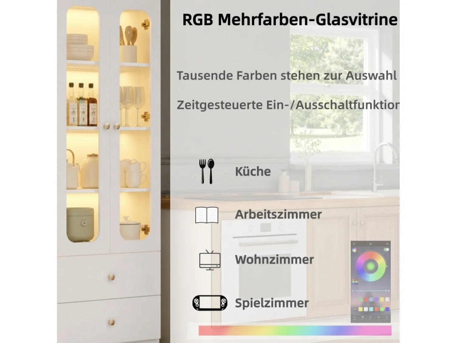 Display cabinet with RGB LED lighting, 4 shelves, 2 doors and 2 drawers, app control - MDF and glass - 60 x 35 x 170 cm - White