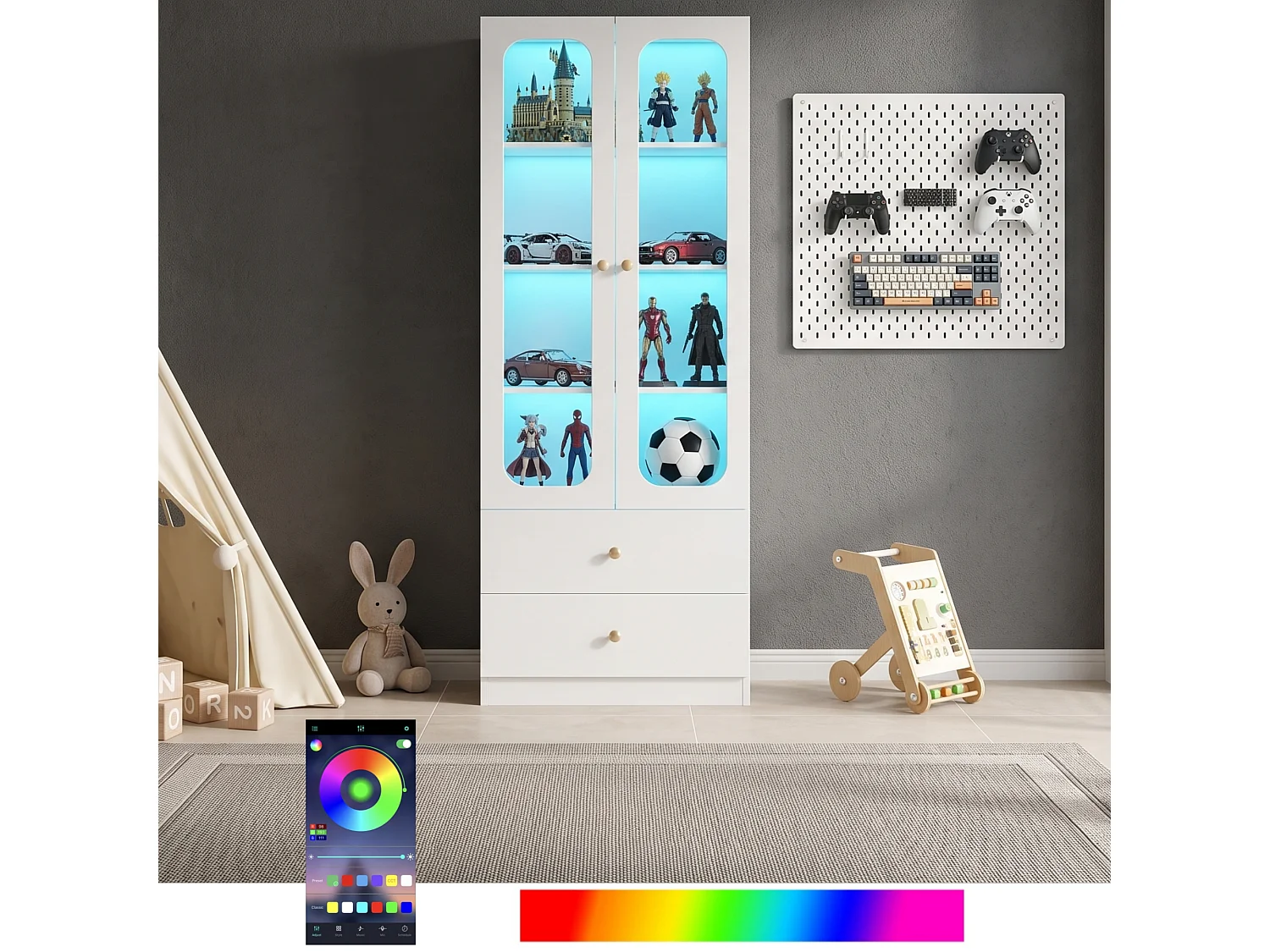 Display cabinet with RGB LED lighting, 4 shelves, 2 doors and 2 drawers, app control - MDF and glass - 60 x 35 x 170 cm - White