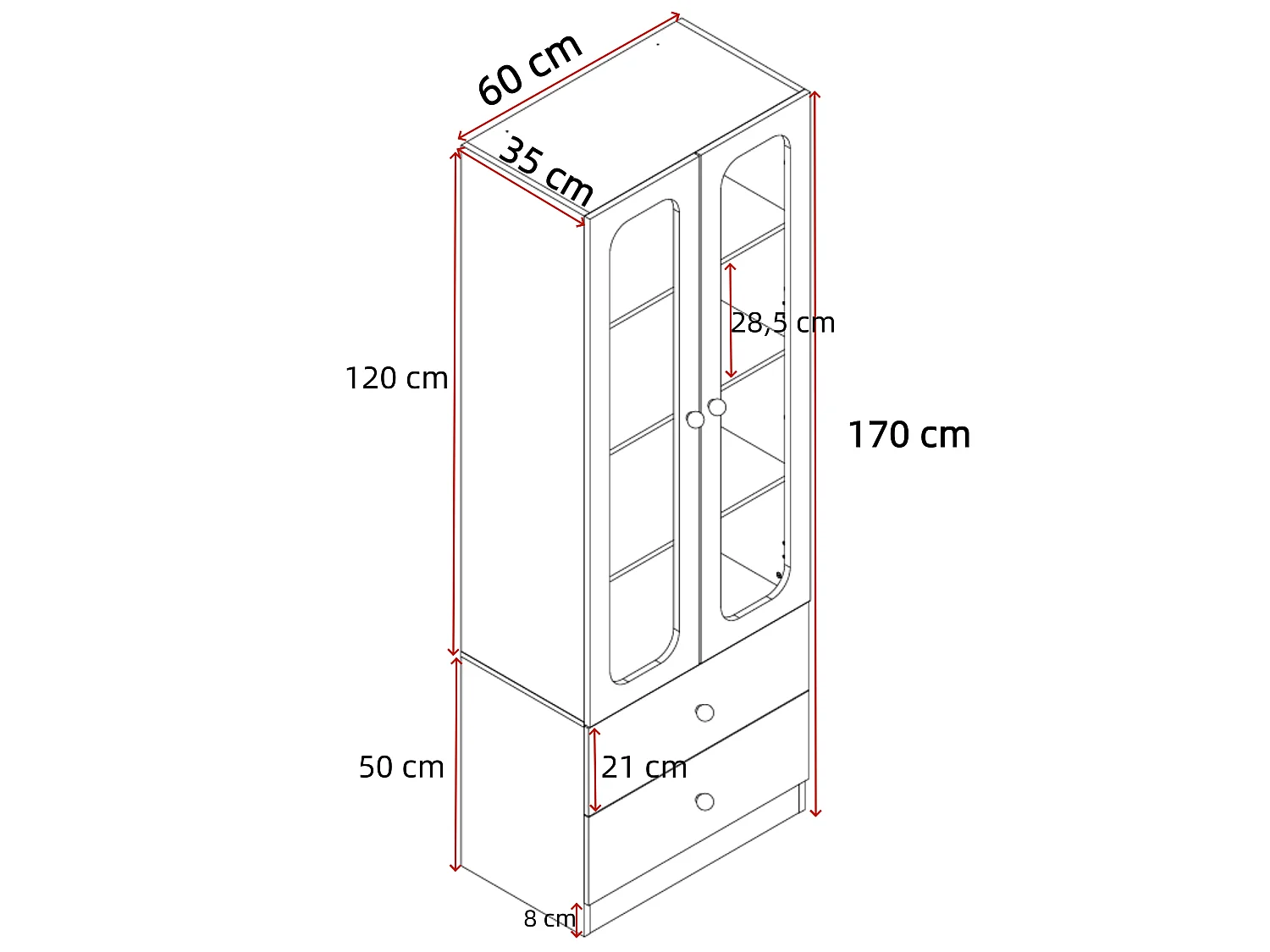 Display cabinet with RGB LED lighting, 4 shelves, 2 doors and 2 drawers, app control - MDF and glass - 60 x 35 x 170 cm - White