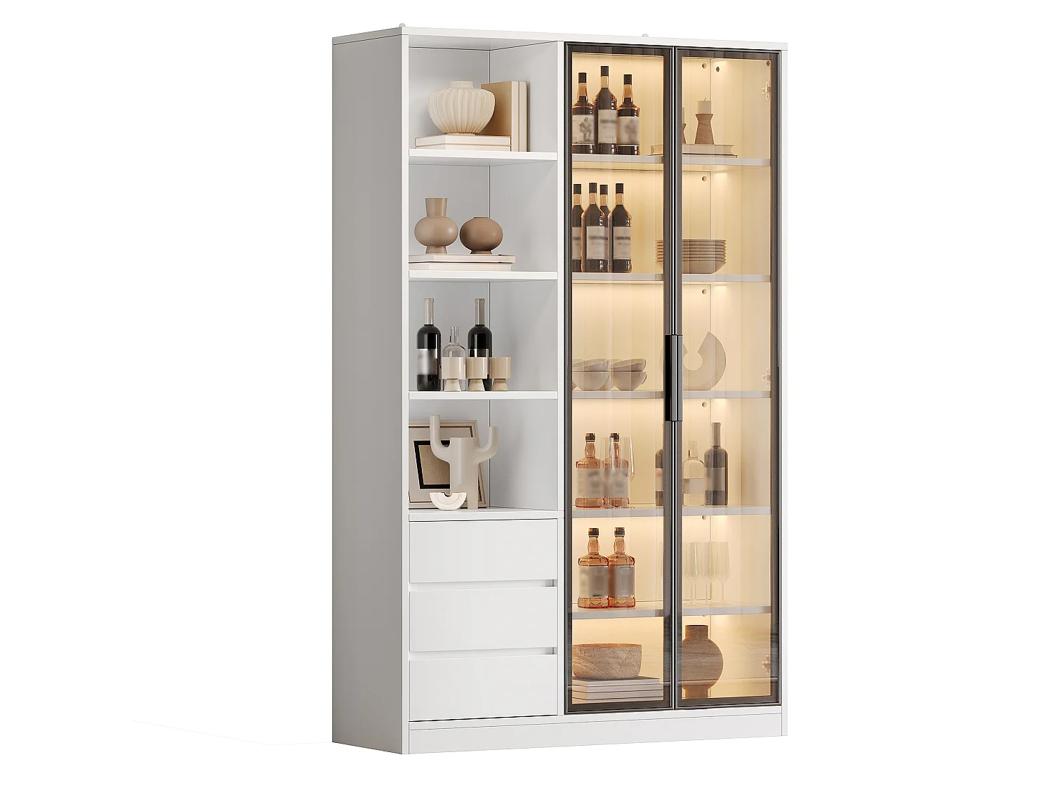 Display cabinet with 2 glass doors, LED lighting, 3 drawers and adjustable shelf - MDF and particleboard - 100 x 35 x 160 cm - White