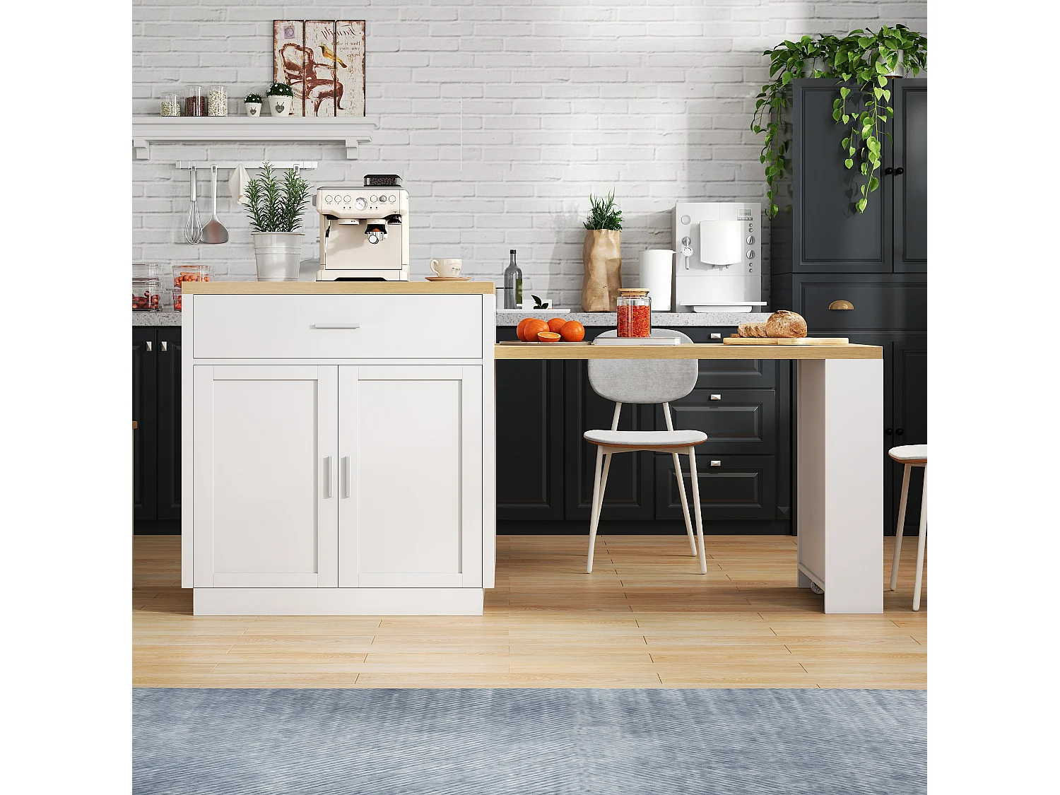 Kücheninsel mit ausziehbarer Arbeitsfläche, 2 Schubladen, 2 Türen, Steckdosen und USB-Anschlüssen – MDF – 188 x 55 x 92 cm – Weiß + Natur