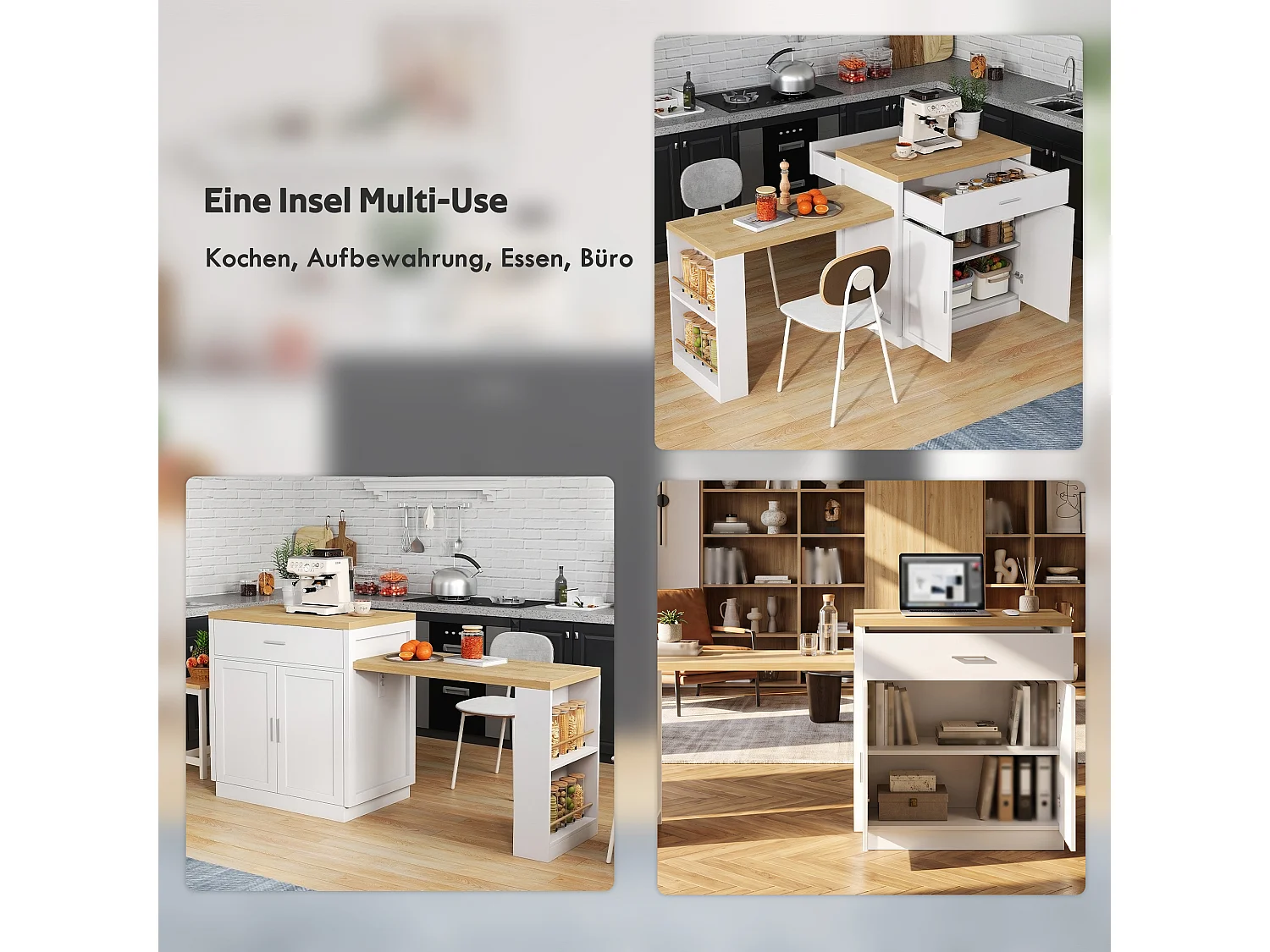 Kücheninsel mit ausziehbarer Arbeitsfläche, 2 Schubladen, 2 Türen, Steckdosen und USB-Anschlüssen – MDF – 188 x 55 x 92 cm – Weiß + Natur