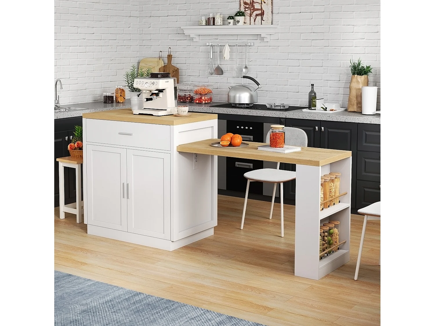 Kücheninsel mit ausziehbarer Arbeitsfläche, 2 Schubladen, 2 Türen, Steckdosen und USB-Anschlüssen – MDF – 188 x 55 x 92 cm – Weiß + Natur