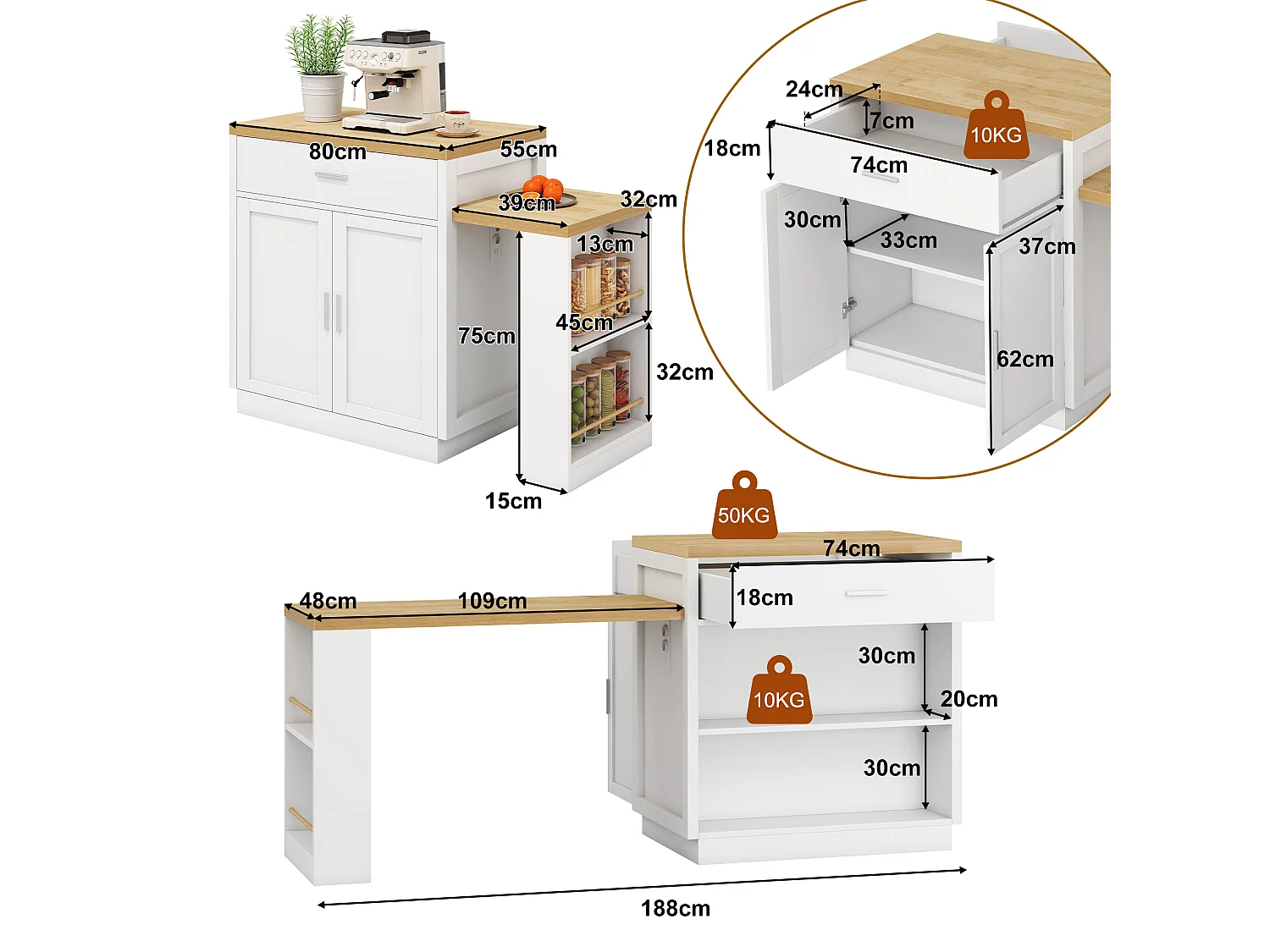 Kücheninsel mit ausziehbarer Arbeitsfläche, 2 Schubladen, 2 Türen, Steckdosen und USB-Anschlüssen – MDF – 188 x 55 x 92 cm – Weiß + Natur