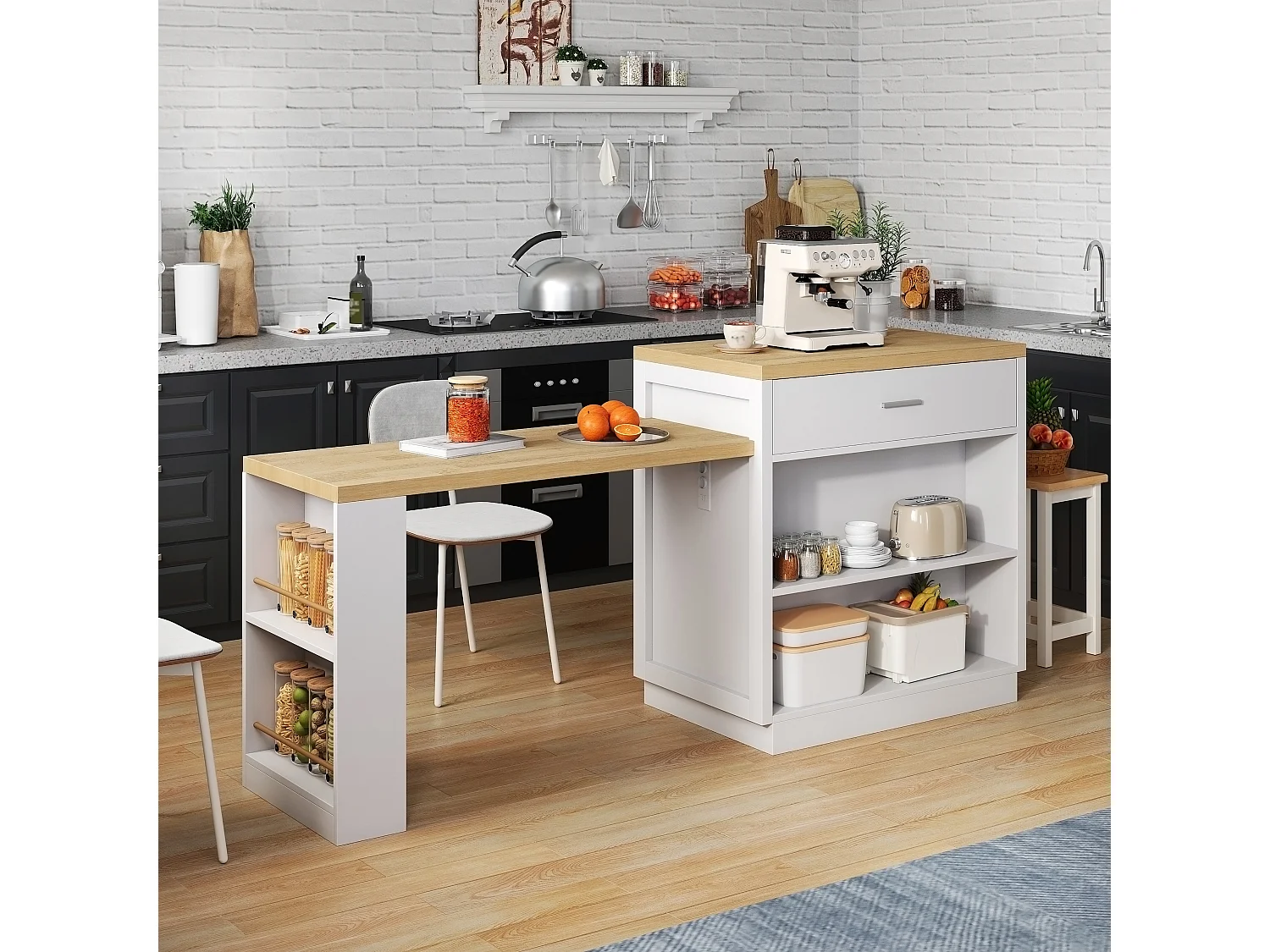 Kücheninsel mit ausziehbarer Arbeitsfläche, 2 Schubladen, 2 Türen, Steckdosen und USB-Anschlüssen – MDF – 188 x 55 x 92 cm – Weiß + Natur