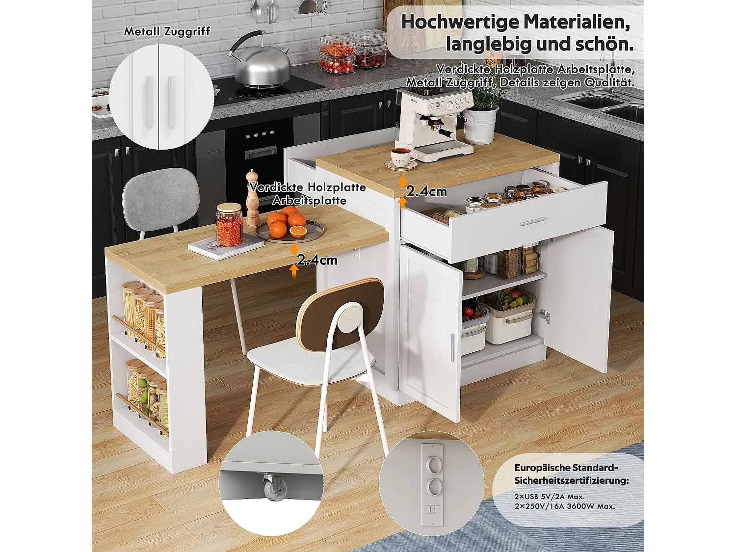 Kücheninsel mit ausziehbarer Arbeitsfläche, 2 Schubladen, 2 Türen, Steckdosen und USB-Anschlüssen – MDF – 188 x 55 x 92 cm – Weiß + Natur
