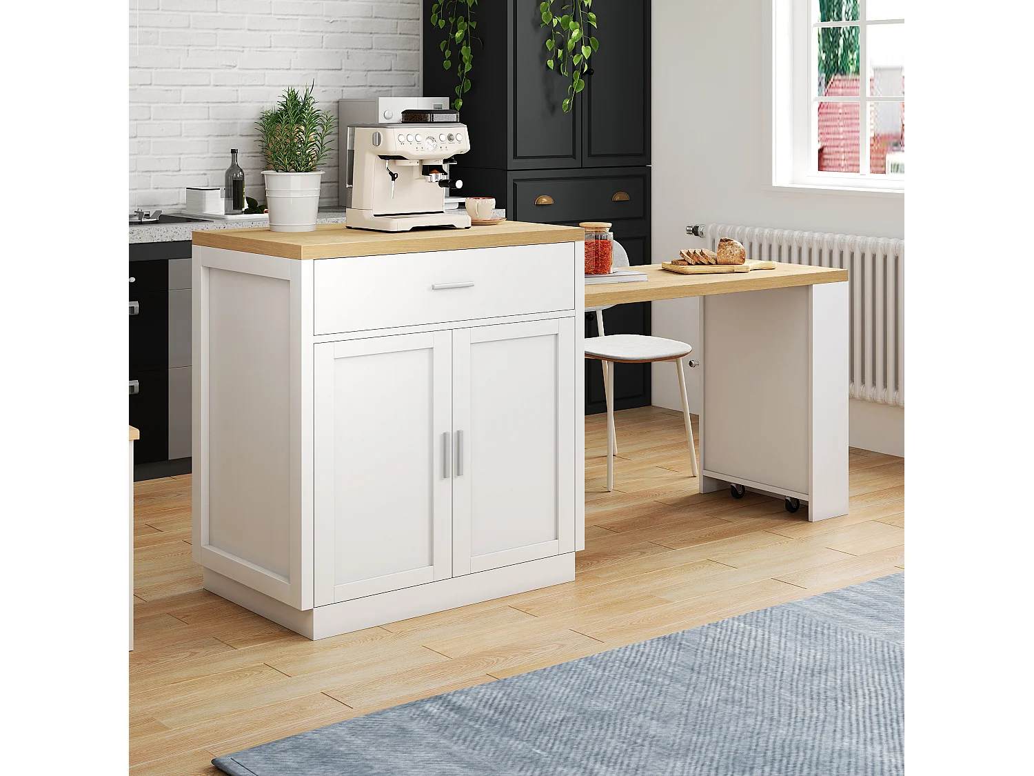 Kücheninsel mit ausziehbarer Arbeitsfläche, 2 Schubladen, 2 Türen, Steckdosen und USB-Anschlüssen – MDF – 188 x 55 x 92 cm – Weiß + Natur