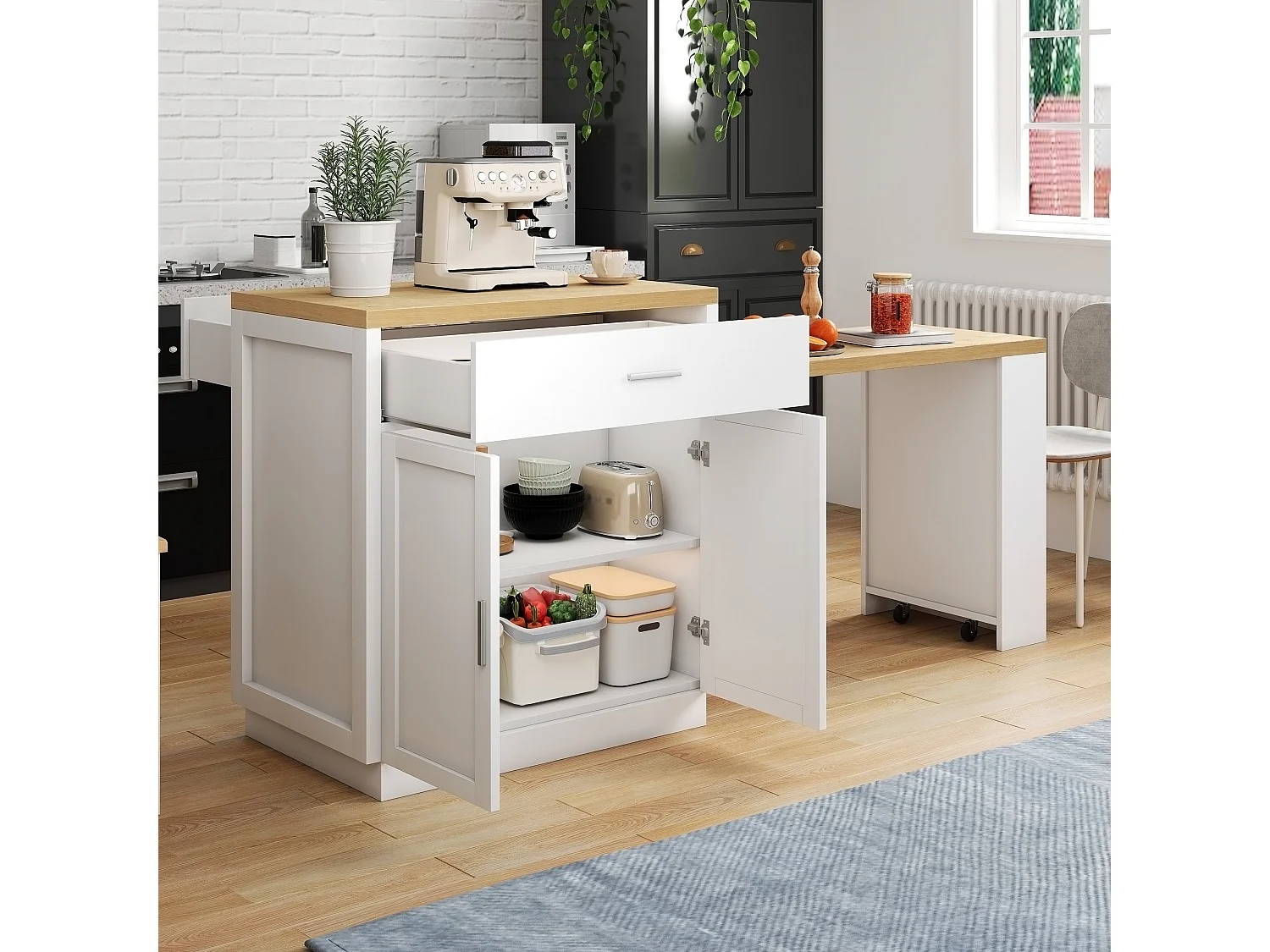 Kücheninsel mit ausziehbarer Arbeitsfläche, 2 Schubladen, 2 Türen, Steckdosen und USB-Anschlüssen – MDF – 188 x 55 x 92 cm – Weiß + Natur