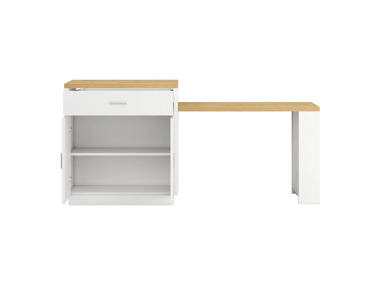 Kücheninsel mit ausziehbarer Arbeitsfläche, 2 Schubladen, 2 Türen, Steckdosen und USB-Anschlüssen – MDF – 188 x 55 x 92 cm – Weiß + Natur