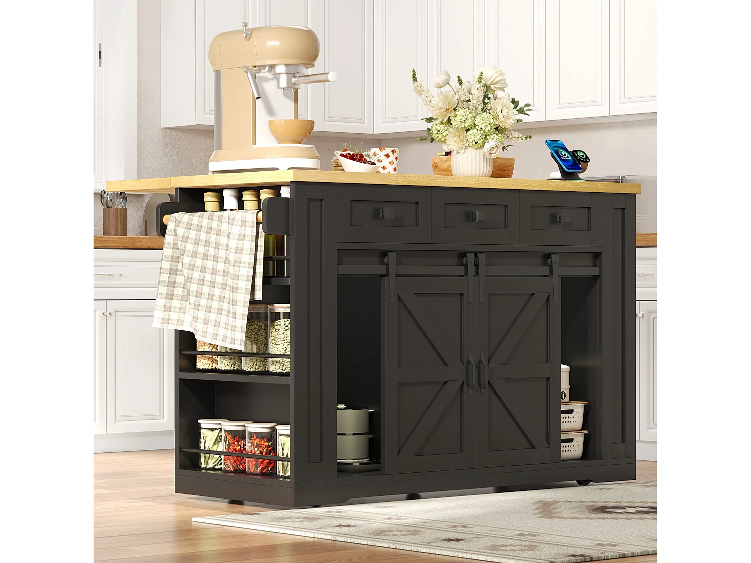 Isola cucina mobile con piano ribaltabile, 3 cassetti, 2 ante scorrevoli, prese di corrente e porte USB - MDF - 130 x 50/80 x 87 cm - Nero