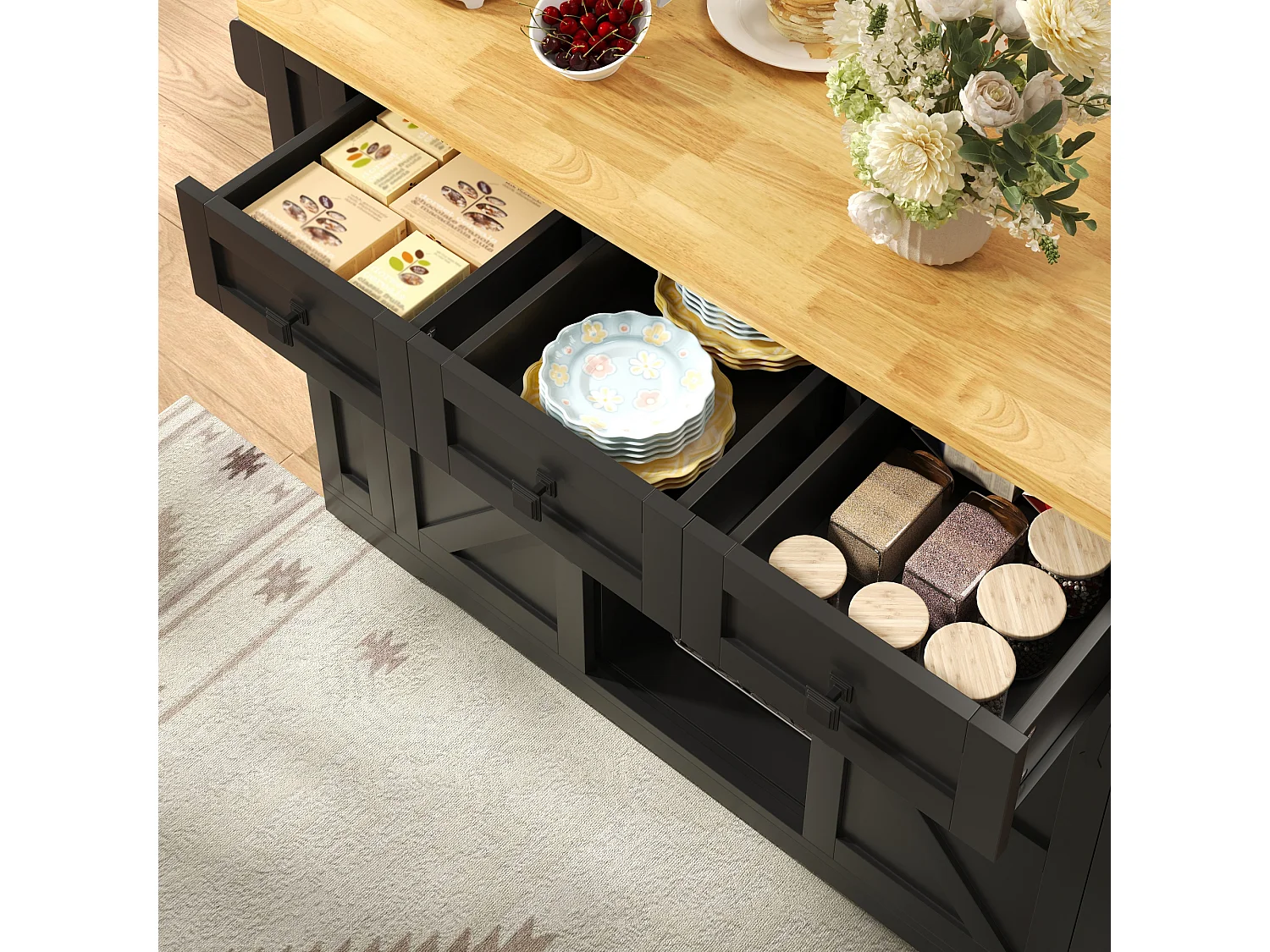Isola cucina mobile con piano ribaltabile, 3 cassetti, 2 ante scorrevoli, prese di corrente e porte USB - MDF - 130 x 50/80 x 87 cm - Nero