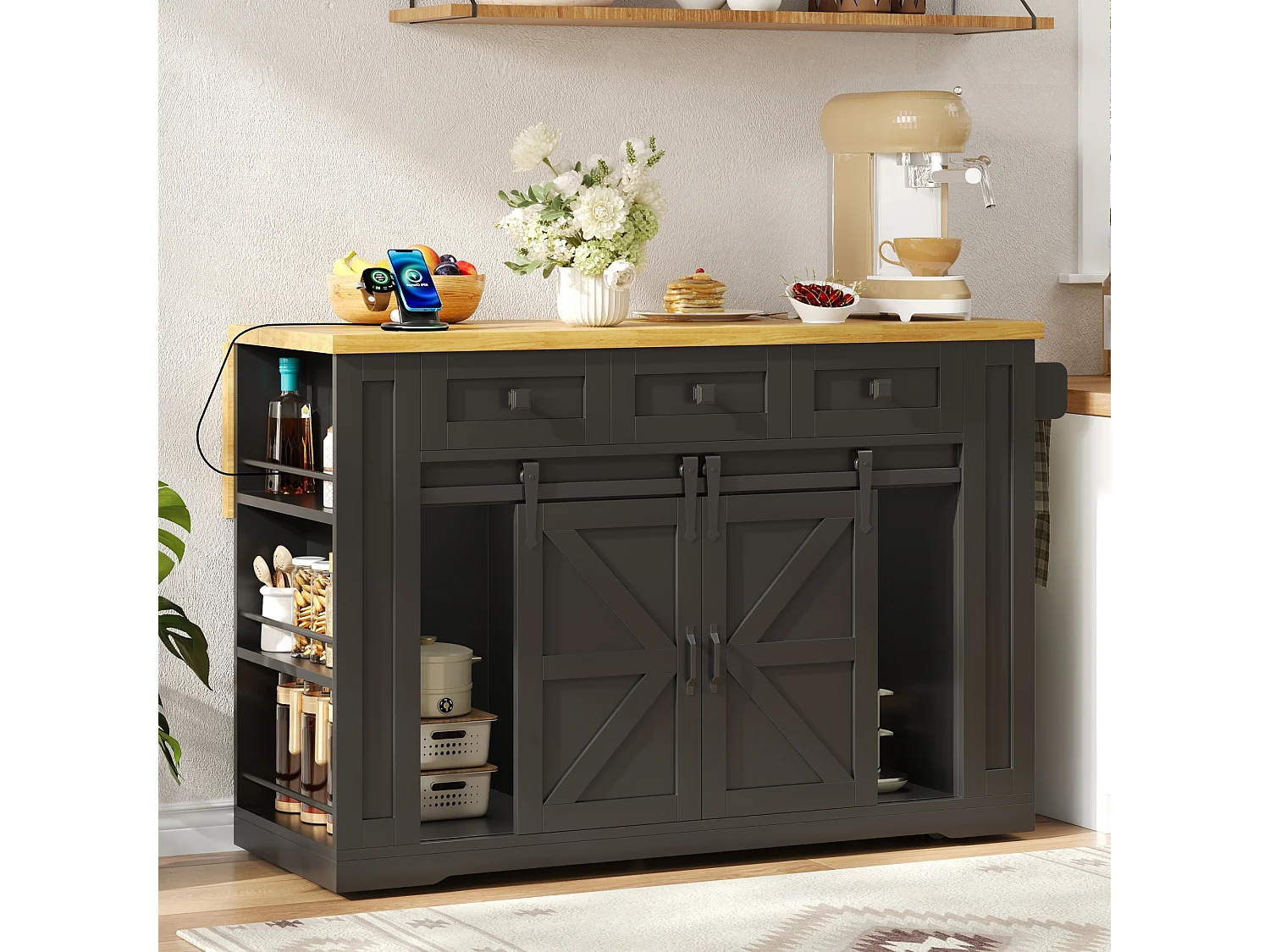 Isola cucina mobile con piano ribaltabile, 3 cassetti, 2 ante scorrevoli, prese di corrente e porte USB - MDF - 130 x 50/80 x 87 cm - Nero