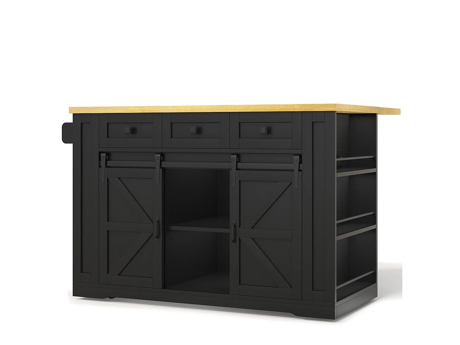 Isola cucina mobile con piano ribaltabile, 3 cassetti, 2 ante scorrevoli, prese di corrente e porte USB - MDF - 130 x 50/80 x 87 cm - Nero