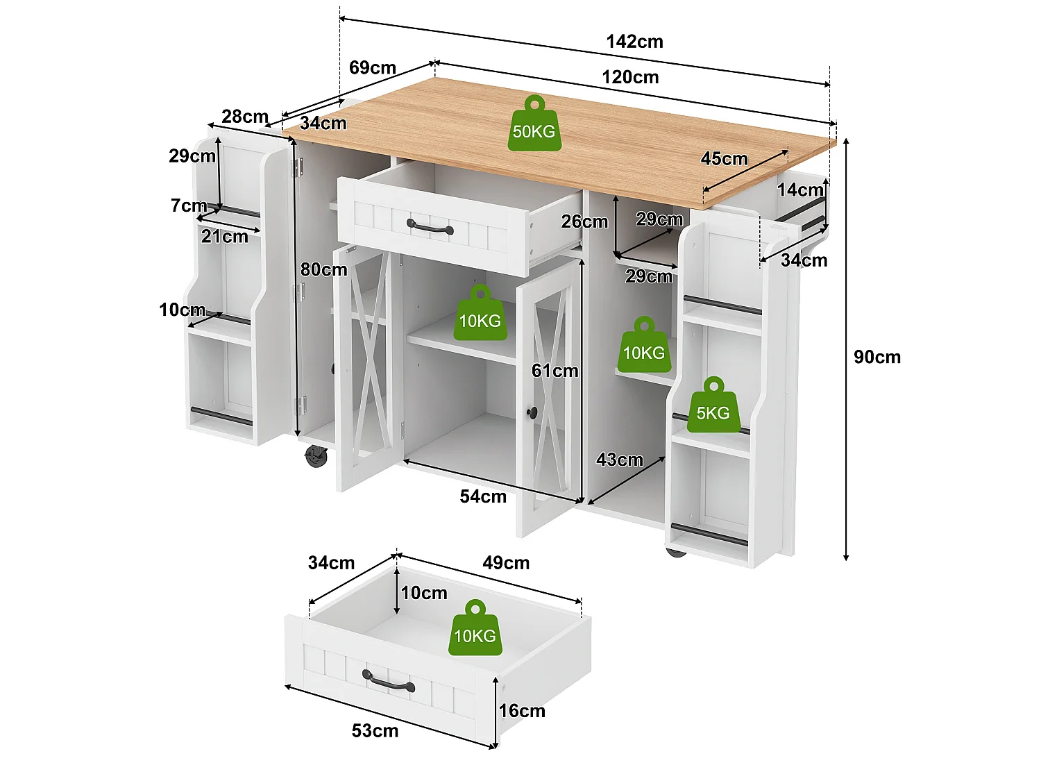 Wyspa kuchenna na kółkach z rozkładanym blatem, 1 szufladą, 4 drzwiami i półką na przyprawy - MDF - 120 x 69 x 90 cm - biała