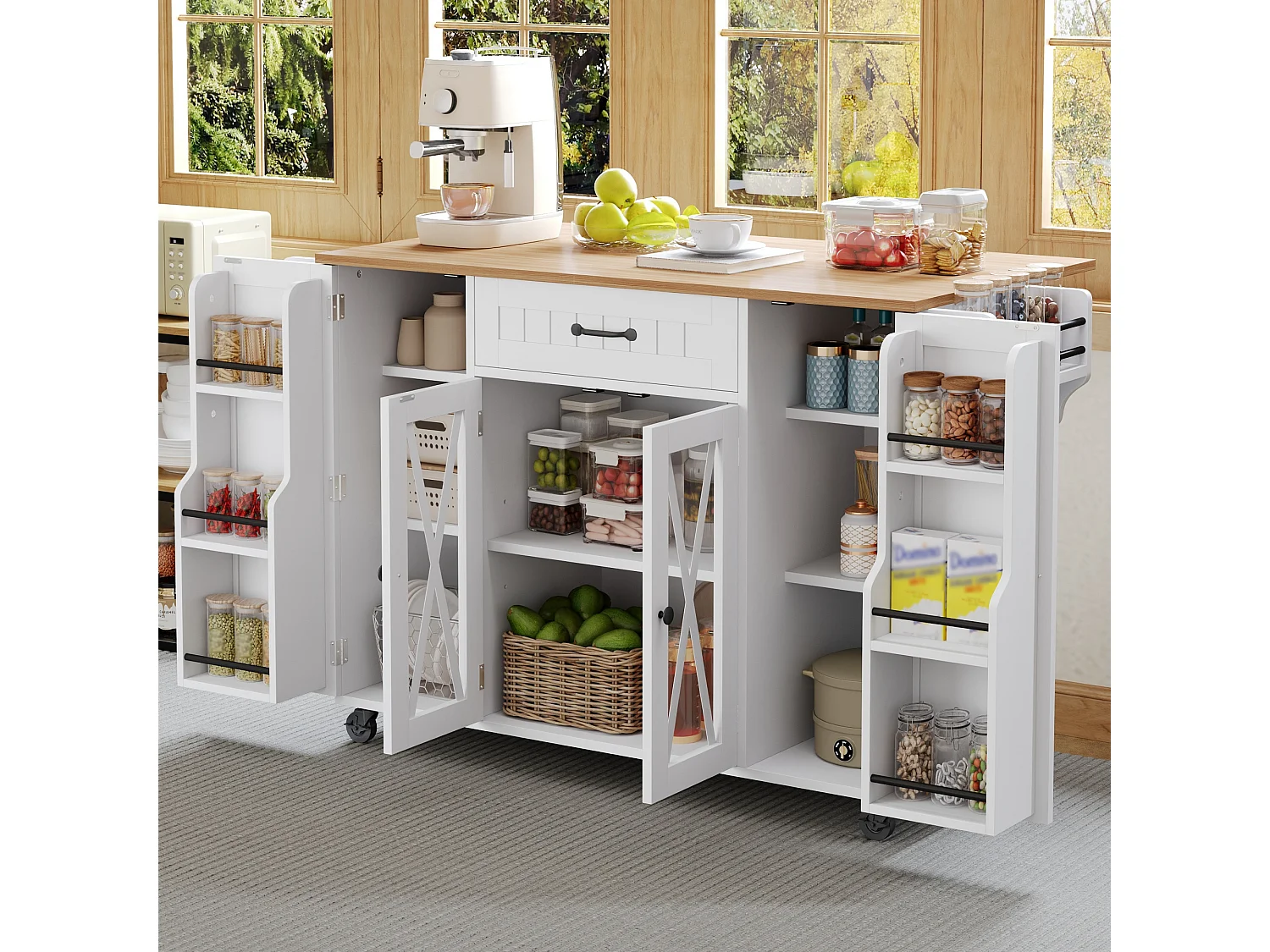 Wyspa kuchenna na kółkach z rozkładanym blatem, 1 szufladą, 4 drzwiami i półką na przyprawy - MDF - 120 x 69 x 90 cm - biała