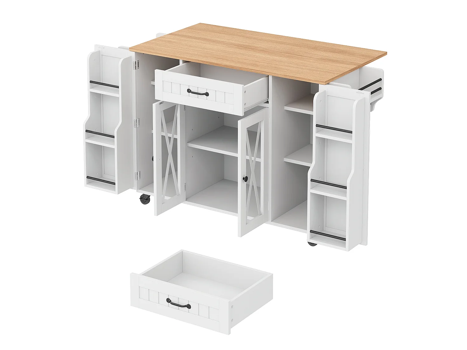 Wyspa kuchenna na kółkach z rozkładanym blatem, 1 szufladą, 4 drzwiami i półką na przyprawy - MDF - 120 x 69 x 90 cm - biała