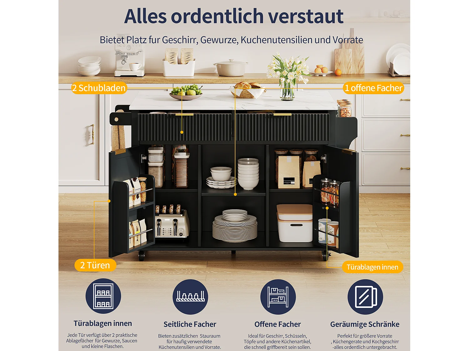 Isola da cucina su ruote con piano ribaltabile, 2 cassetti e 2 ante - MDF - 143 x 45 a 69 x 89,5 cm - Nero