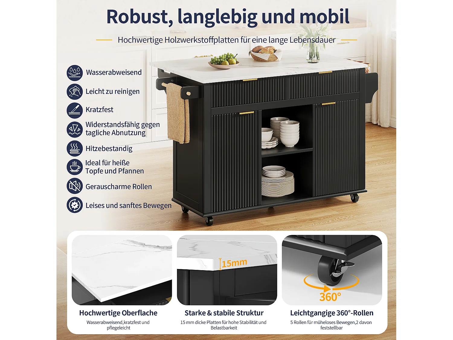 Isola da cucina su ruote con piano ribaltabile, 2 cassetti e 2 ante - MDF - 143 x 45 a 69 x 89,5 cm - Nero
