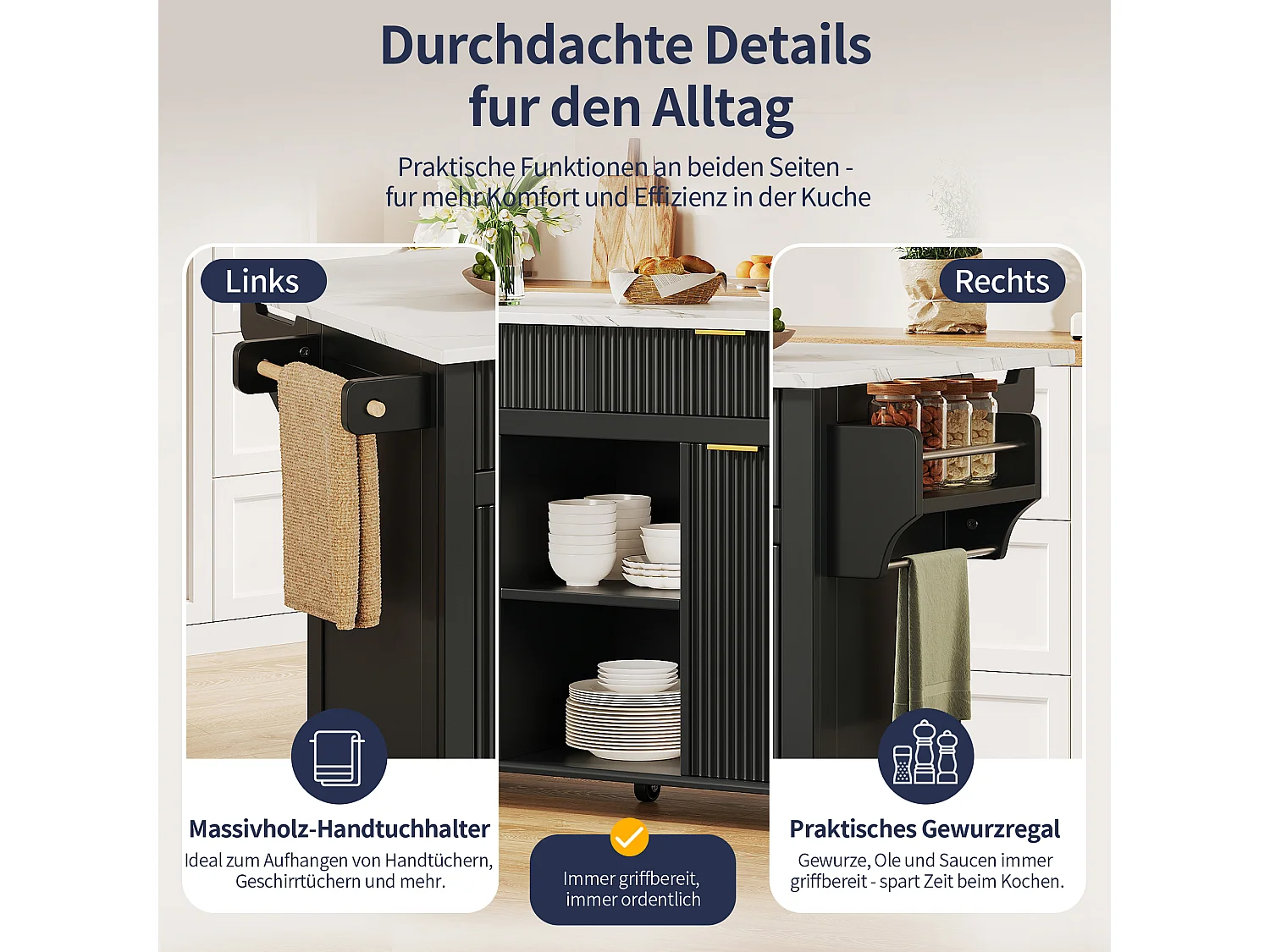 Isola da cucina su ruote con piano ribaltabile, 2 cassetti e 2 ante - MDF - 143 x 45 a 69 x 89,5 cm - Nero
