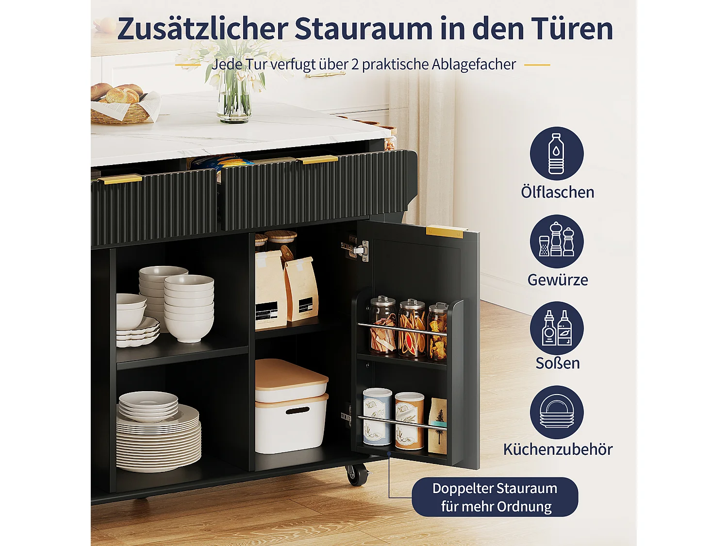 Isola da cucina su ruote con piano ribaltabile, 2 cassetti e 2 ante - MDF - 143 x 45 a 69 x 89,5 cm - Nero