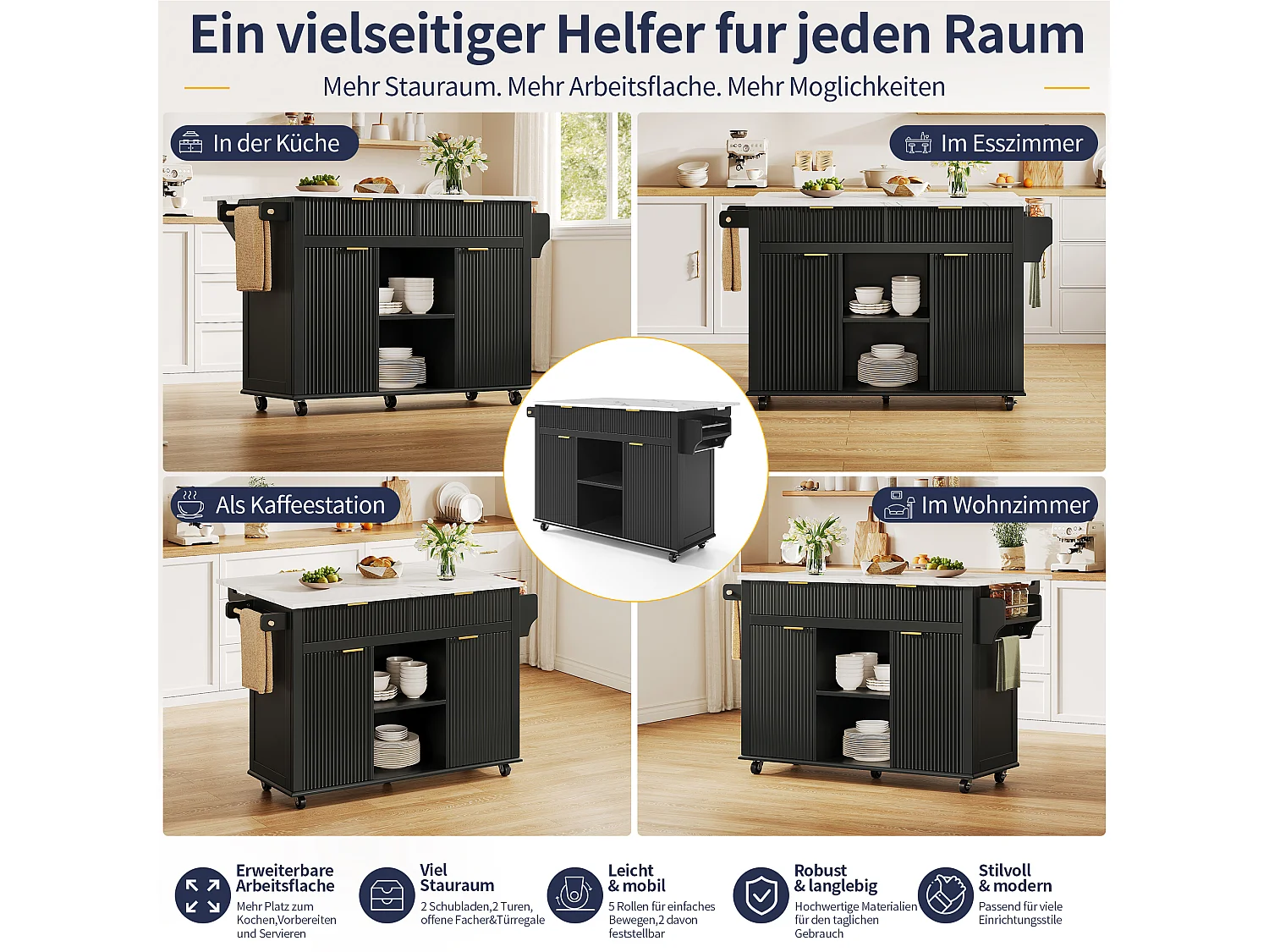 Isola da cucina su ruote con piano ribaltabile, 2 cassetti e 2 ante - MDF - 143 x 45 a 69 x 89,5 cm - Nero