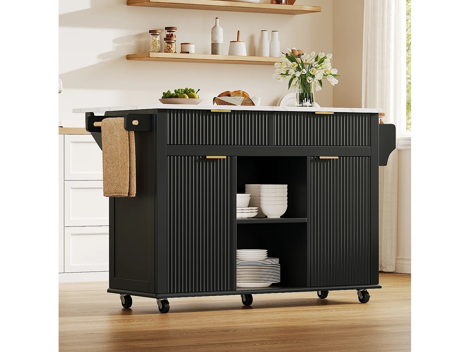 Isola da cucina su ruote con piano ribaltabile, 2 cassetti e 2 ante - MDF - 143 x 45 a 69 x 89,5 cm - Nero