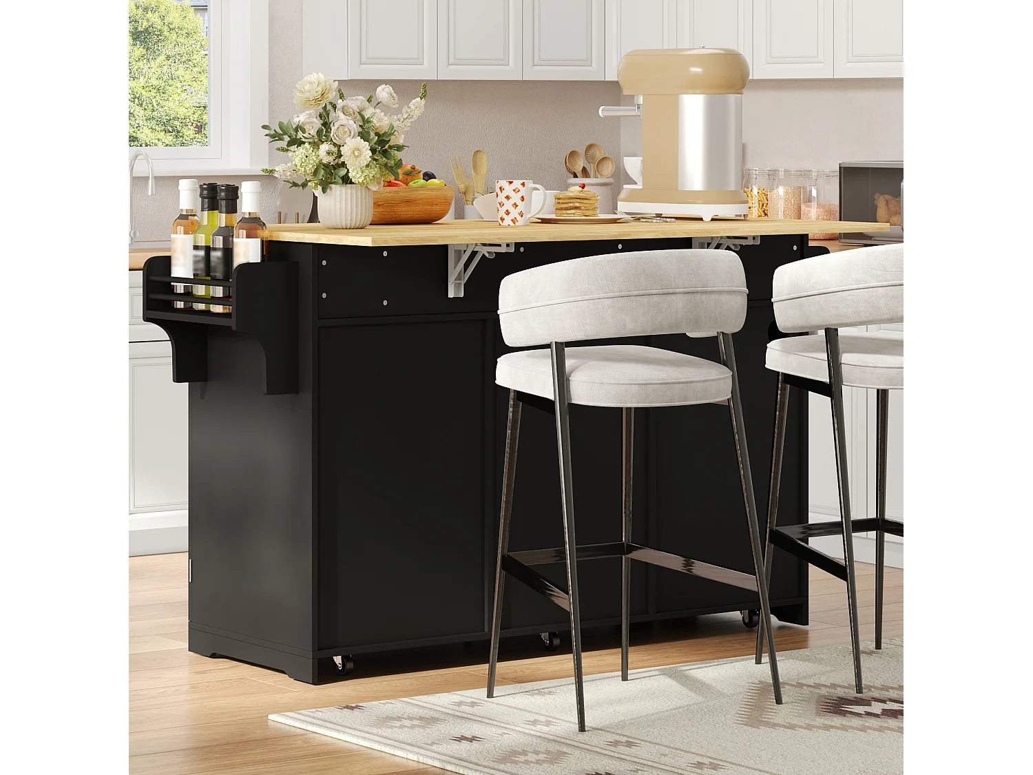 Isola cucina su ruote, con vano pattumiera, 3 cassetti, 2 ante, prese di corrente e porte USB - MDF - 136 x 50 a 75 x 92 cm - Nero