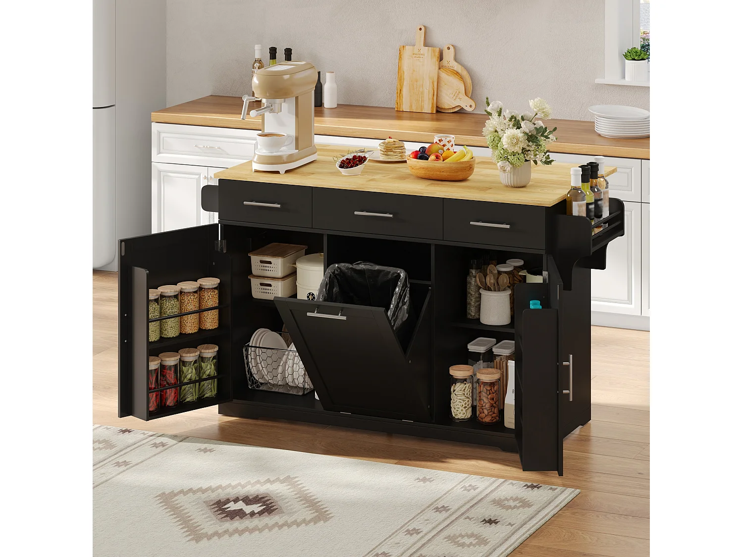 Isola cucina su ruote, con vano pattumiera, 3 cassetti, 2 ante, prese di corrente e porte USB - MDF - 136 x 50 a 75 x 92 cm - Nero
