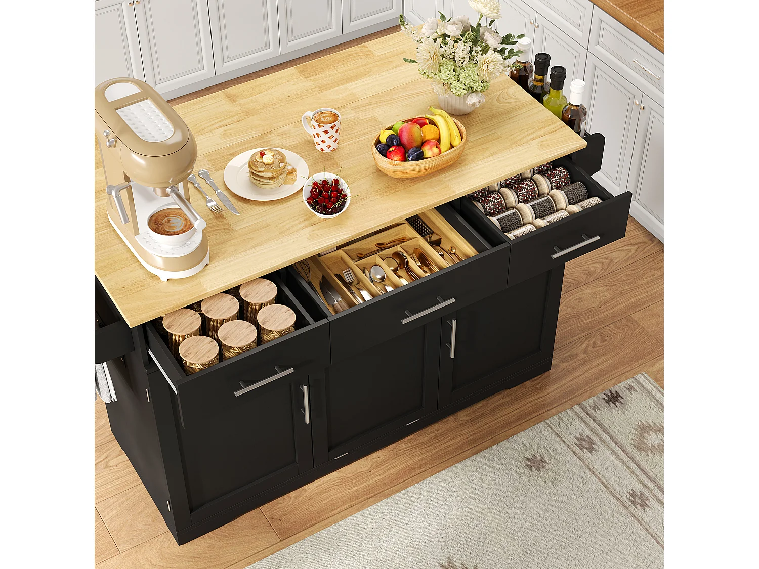 Isola cucina su ruote, con vano pattumiera, 3 cassetti, 2 ante, prese di corrente e porte USB - MDF - 136 x 50 a 75 x 92 cm - Nero