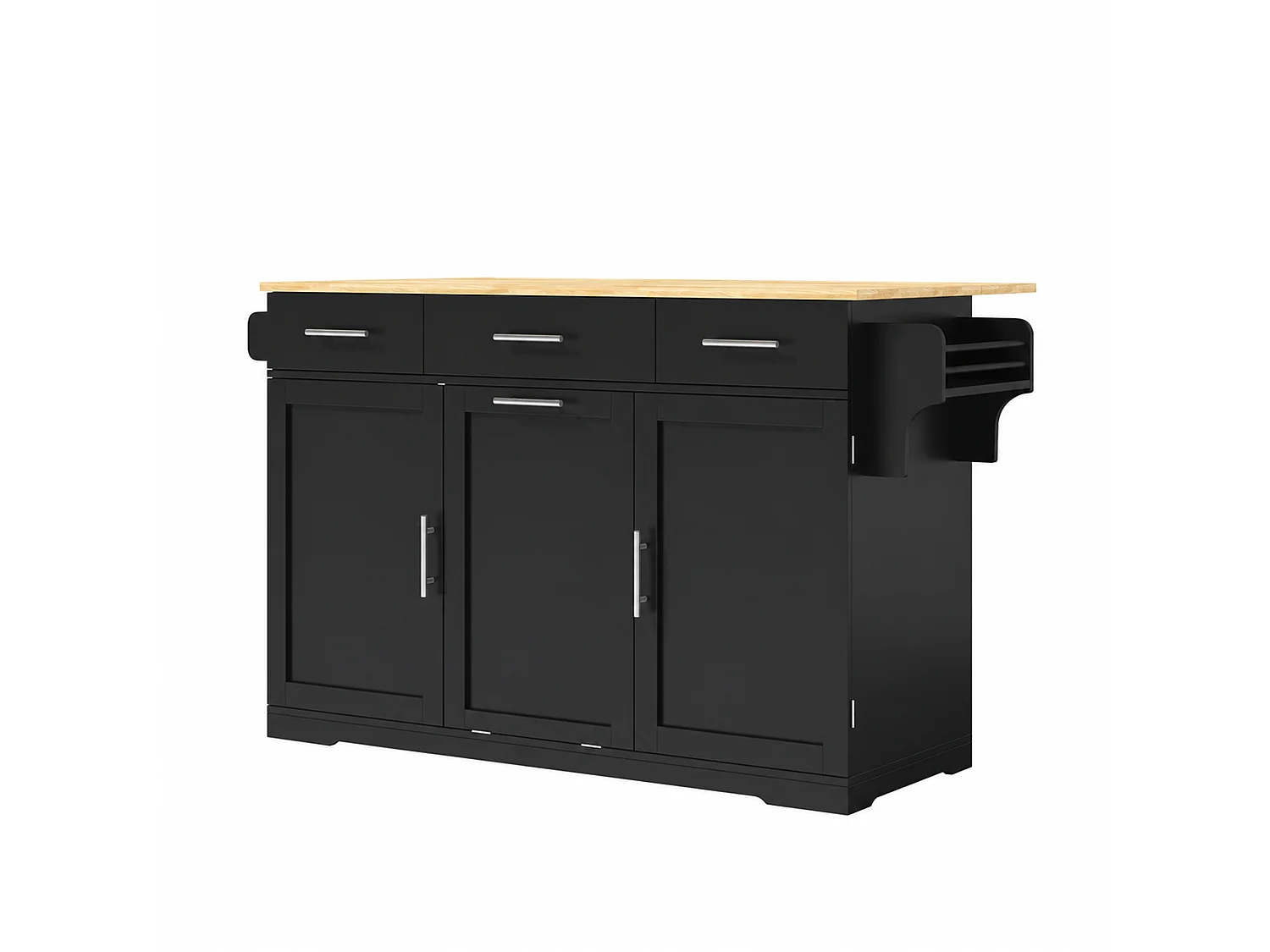 Isola cucina su ruote, con vano pattumiera, 3 cassetti, 2 ante, prese di corrente e porte USB - MDF - 136 x 50 a 75 x 92 cm - Nero